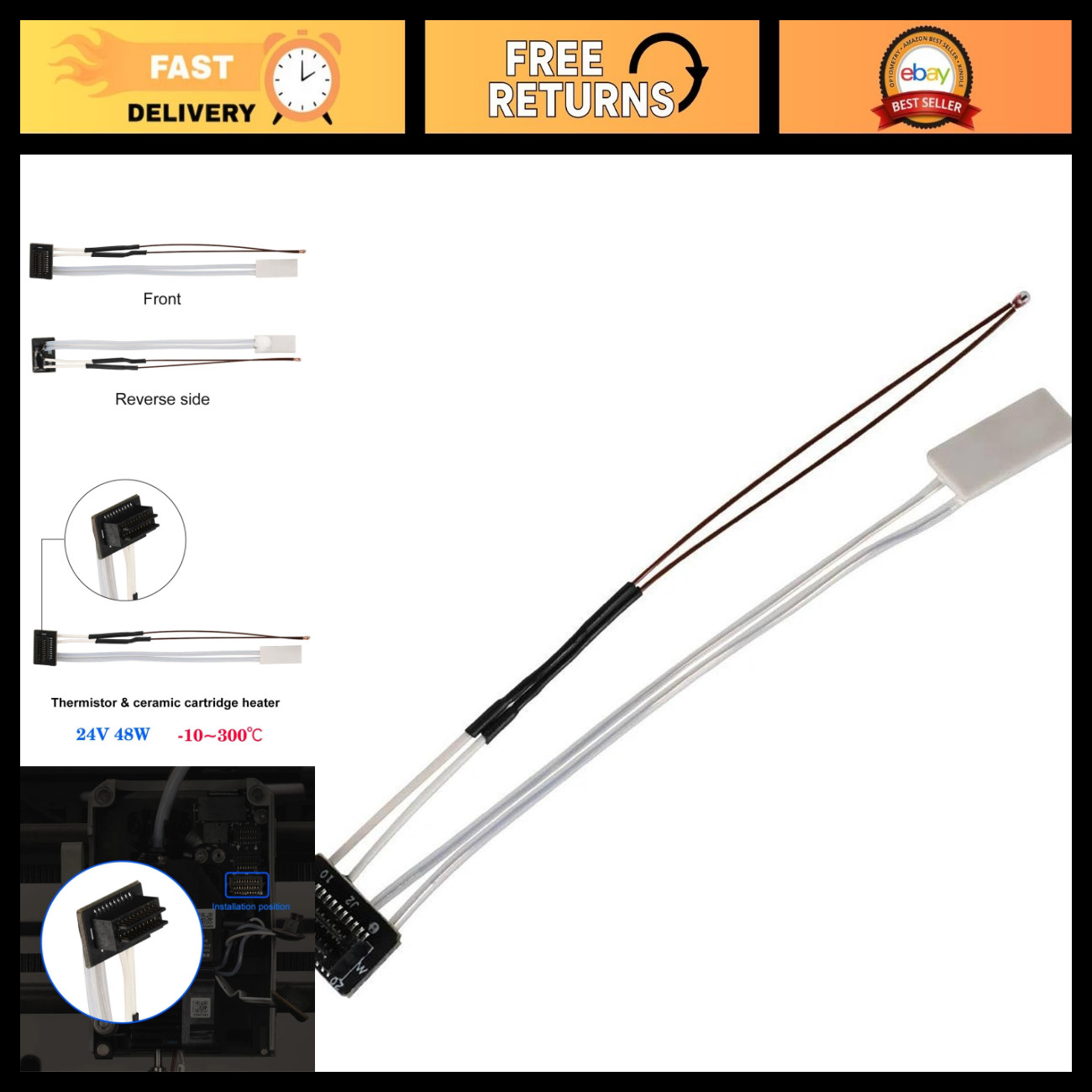 3D Printer Thermistor Ceramic Cartridge Heater 24V 48W Hot End Heating Block (3P