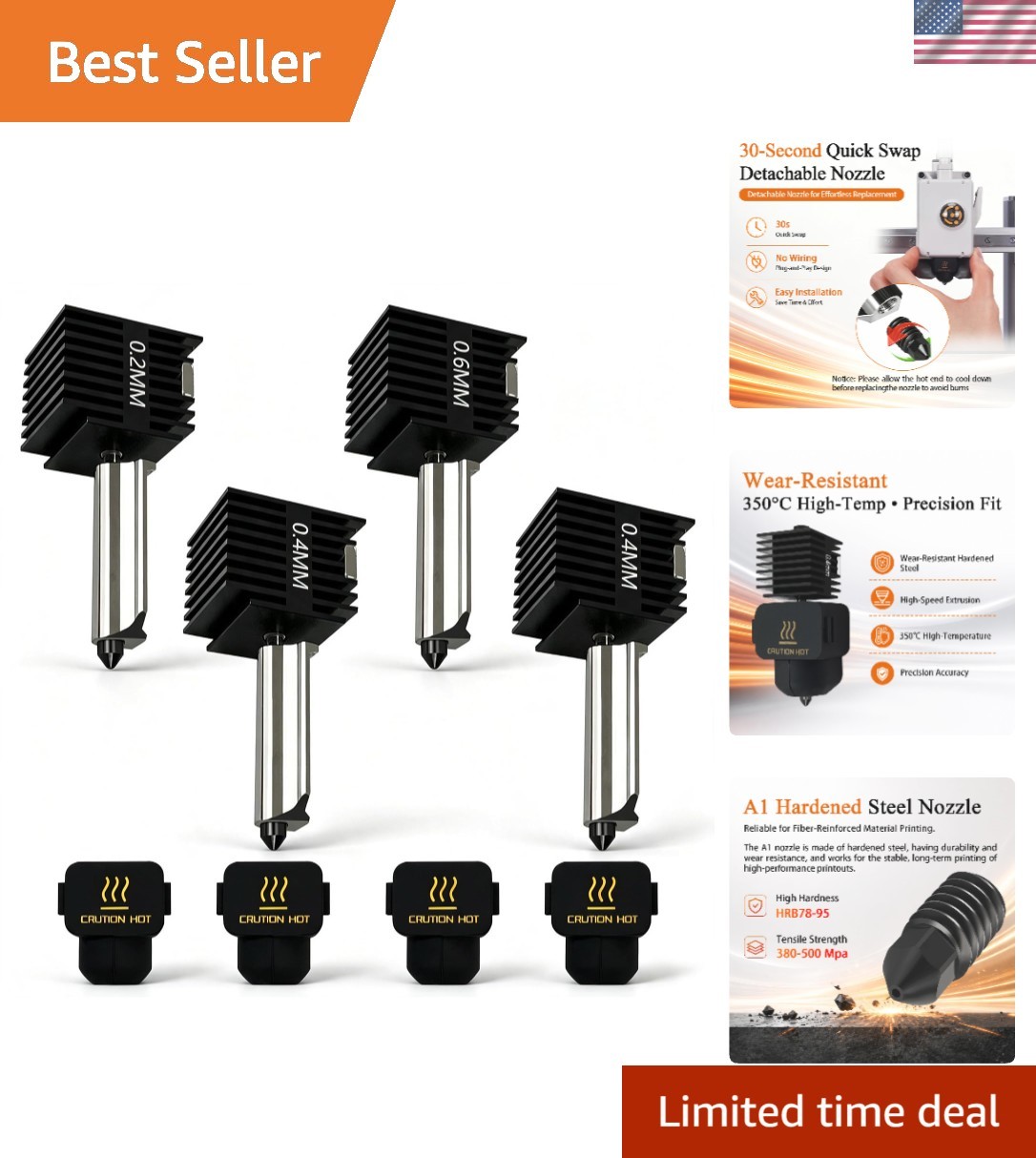 Precision Nozzle Set (0.2/0.4/0.6mm) for Bambu Lab A1/A2L - Smooth, Leak-Free