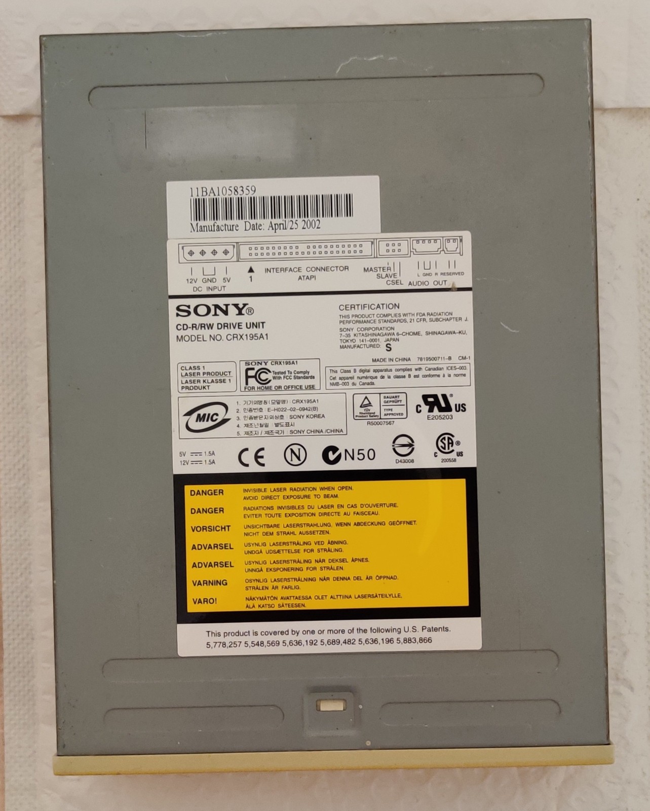 Sony CRX195A1 Internal CD-R/RW IDE ATAPI Optical Drive April 2002 Vintage PC