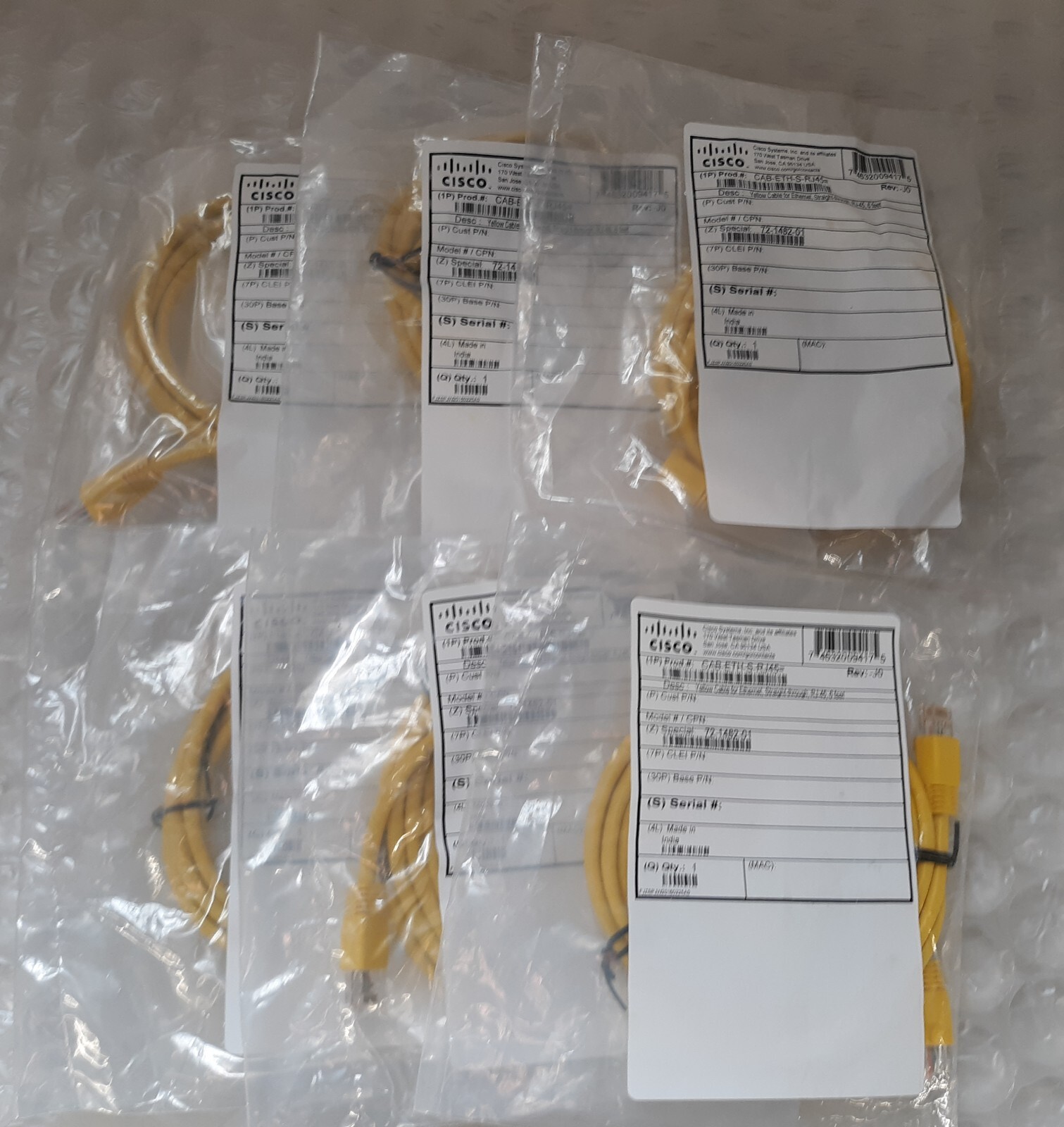 Lot of 6 Cisco CAB-ETH-S-RJ45 6FT. Yellow Cable for Ethernet NEW *SEALED*