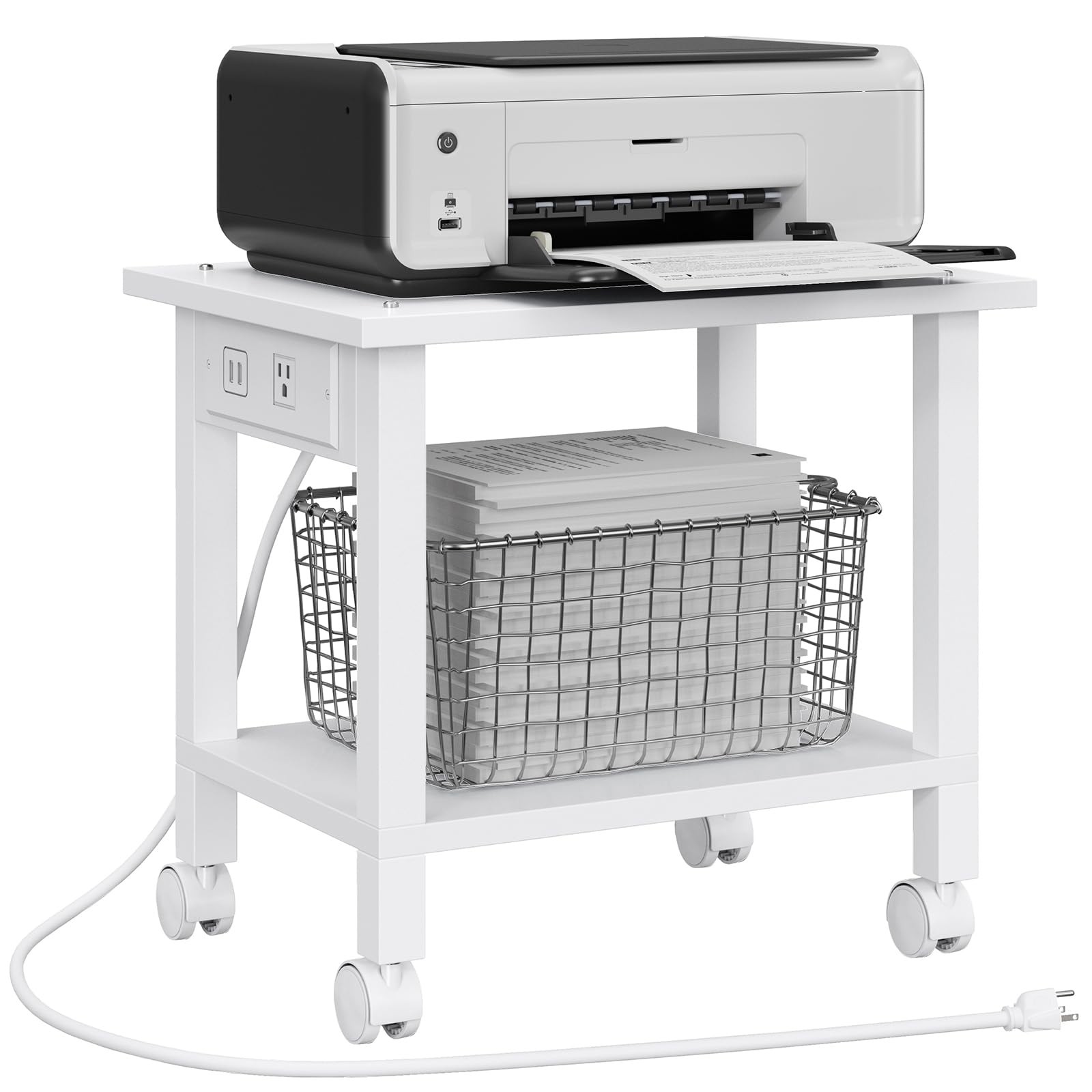 Printer Stand, 2 Tier Rolling Printer Cart with Charging Station