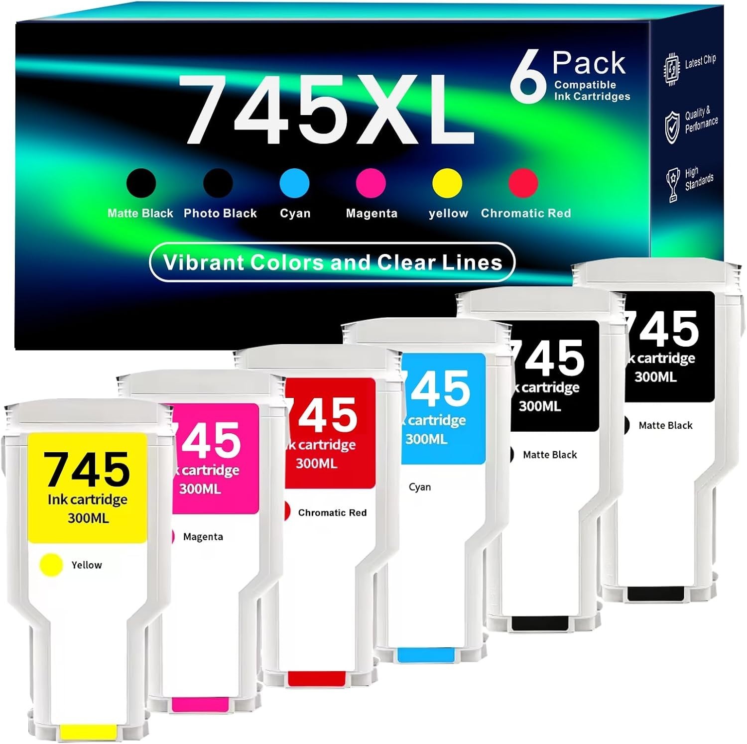 Compatible w/ HP 745 Ink 6 Pack 300mL Z2600 Z5600 F9K01A-F9K06A High Yield Pro
