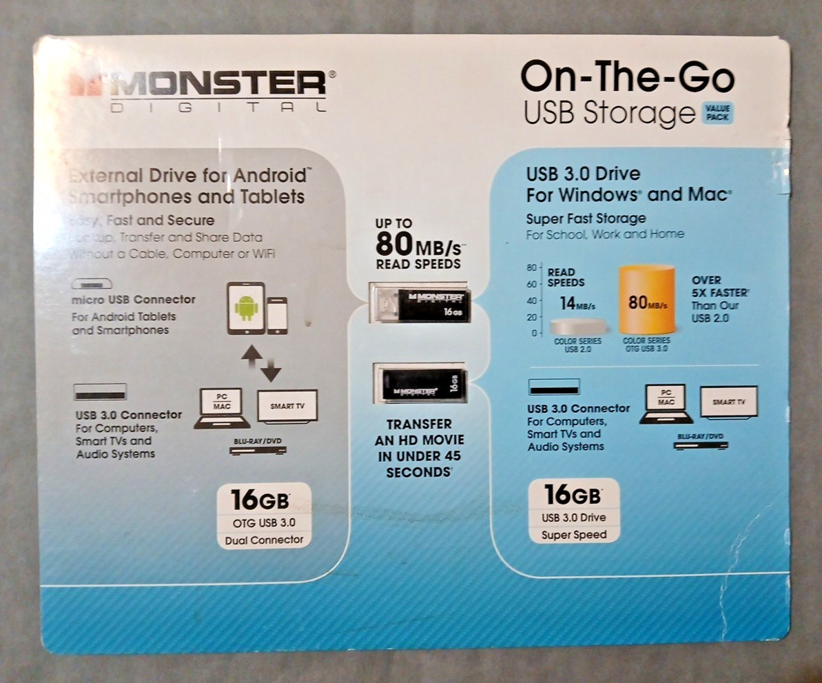 Monster Digital On The Go USB Storage, 16GB 3.0 USB & 16GB Micro USB
