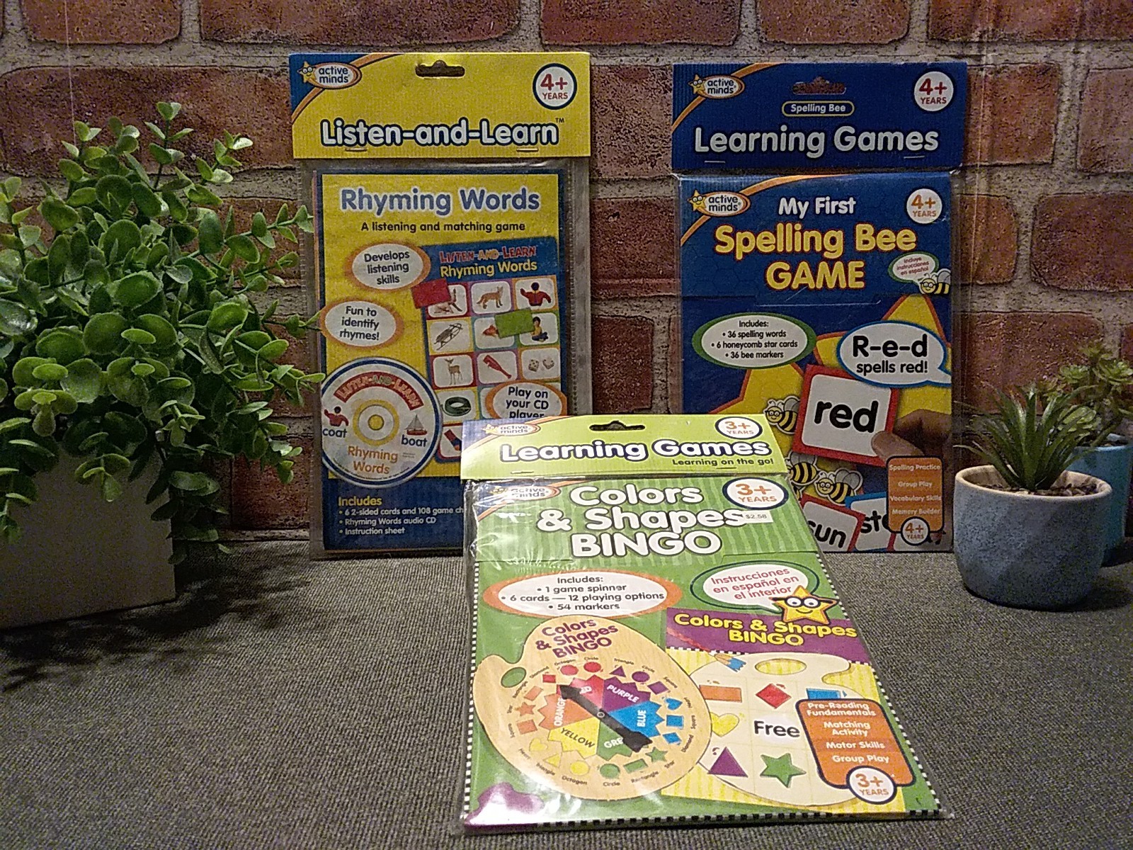 Vtg 2007 ACTIVE MINDS Spelling Bee Game☆Color & Shapes Bingo☆Rhyming Words 3 Set