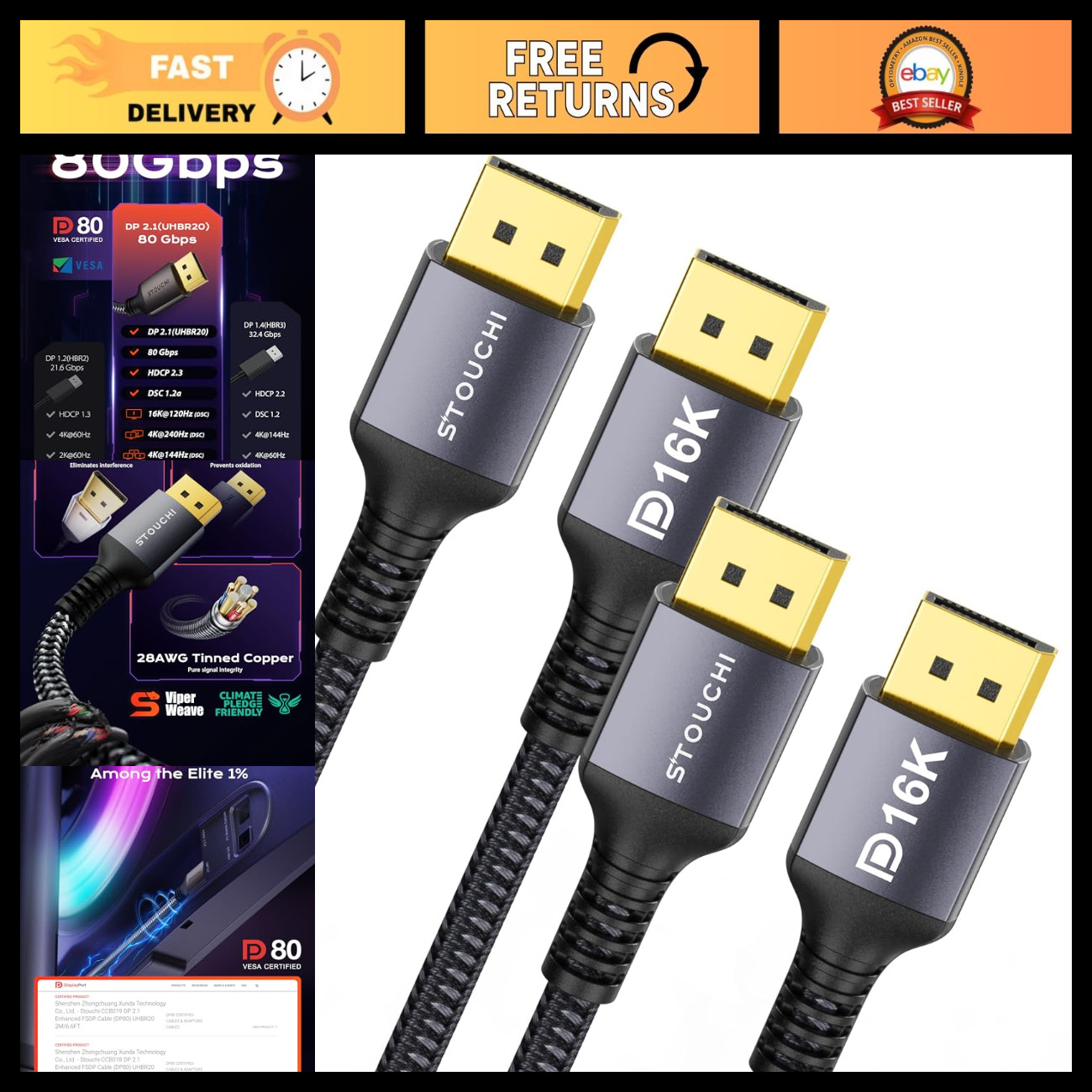 10FT DisplayPort 2.1 Cable - VESA Certified, 80Gbps, 2 Pack, High-Speed DP Cord
