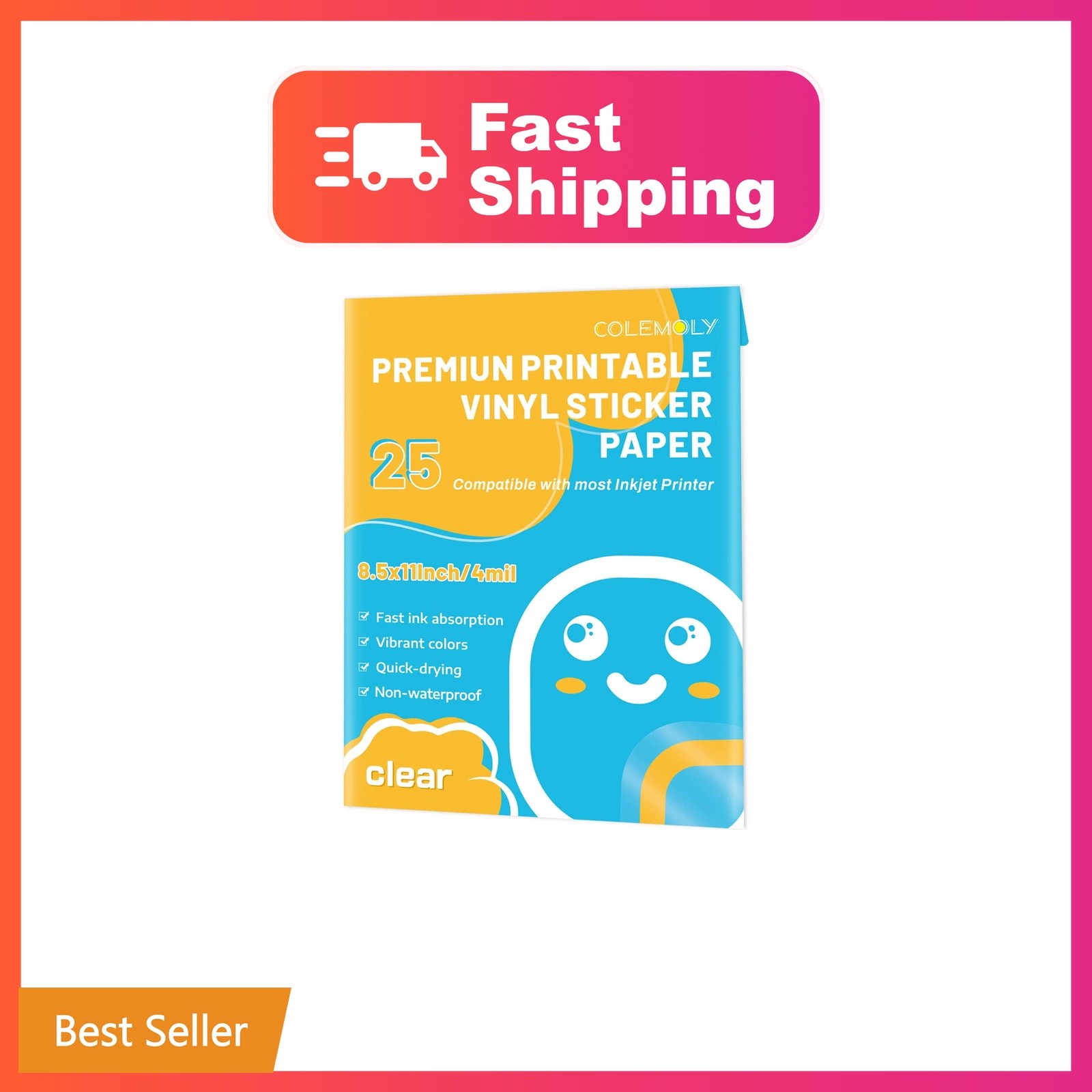 Colemoly Clear Printable Vinyl Sticker Paper for Inkjet Printer, 25 Sheets | ...