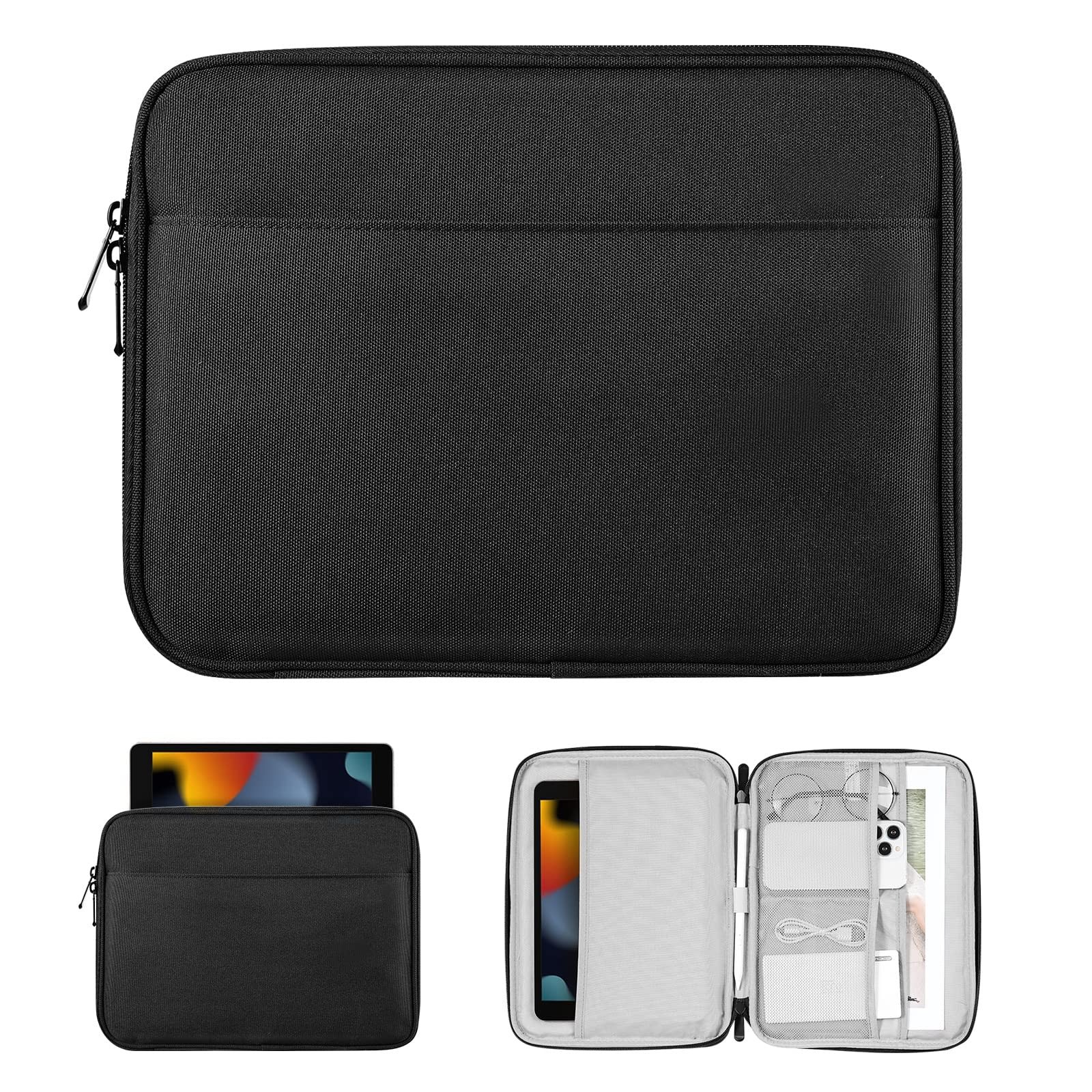 9-11" Tablet Sleeve Black Water Resistant Polyester Zipper Pockets for iPad A16