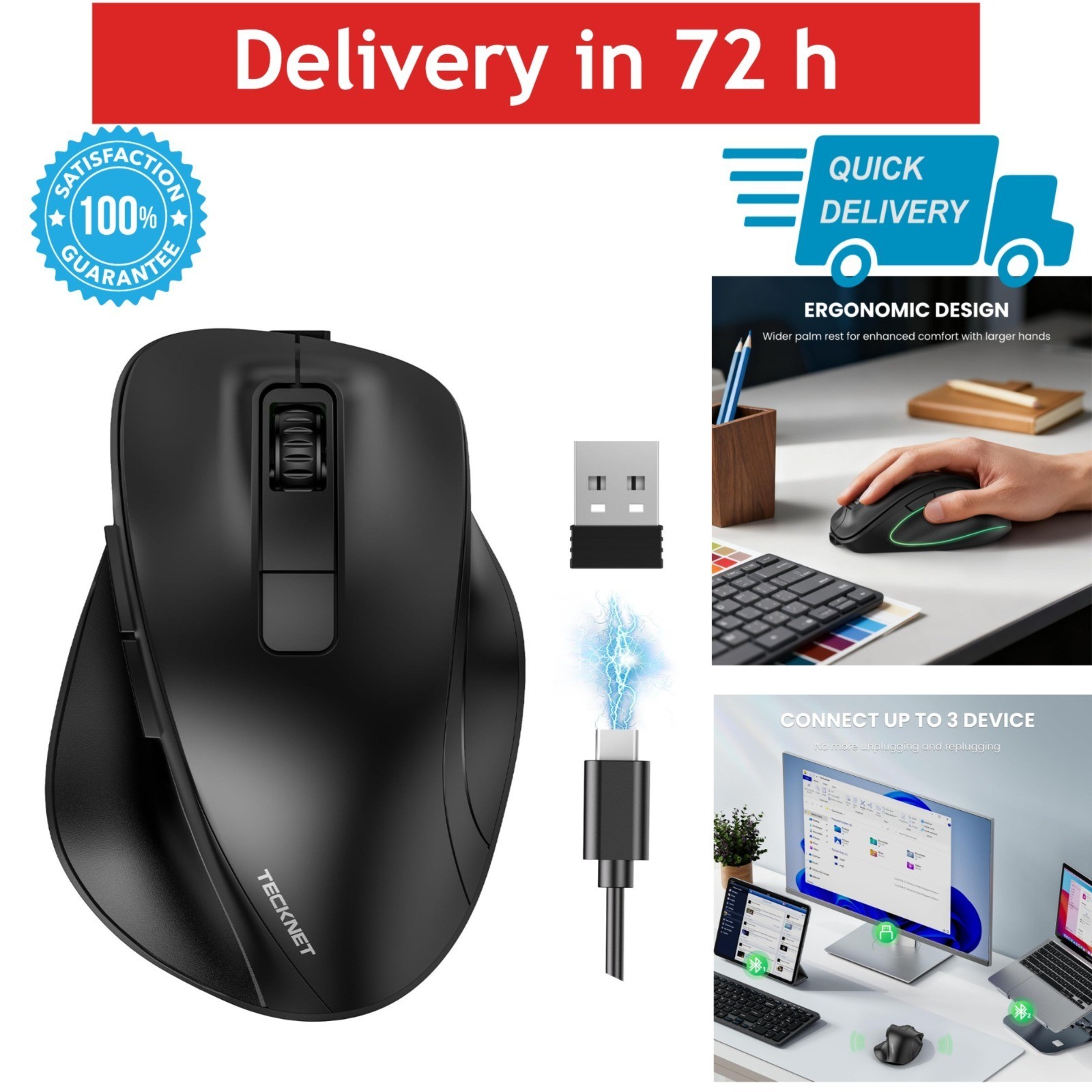 TECKNET Wireless Mouse Bluetooth Rechargeable 4800 DPI Silent 6-Button Black