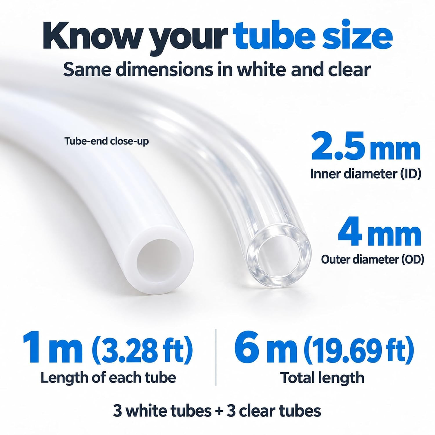 3D Printer PTFE Tube Kit, 6M(19.69ft) Total, 2.5mm ID x 4mm OD, White+Clear