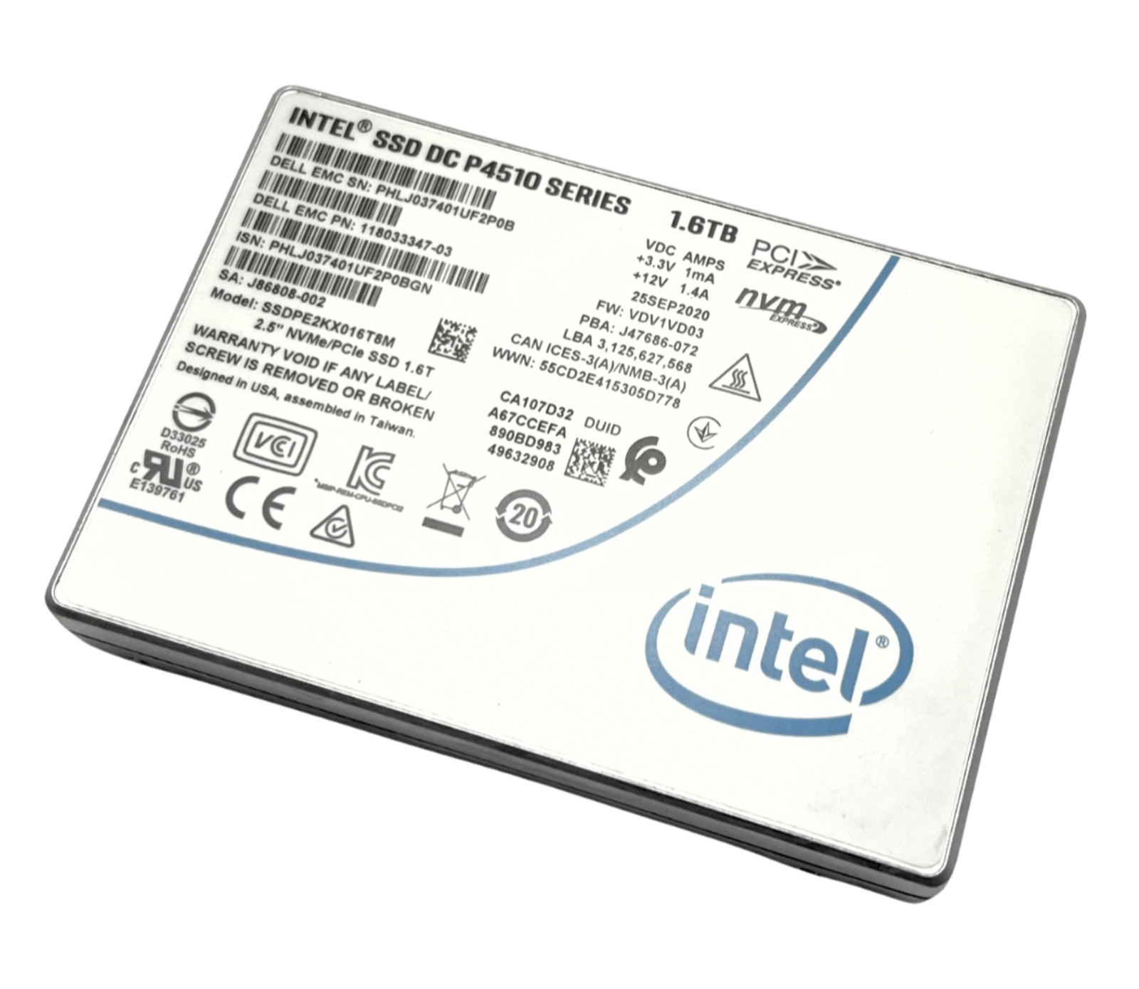 EMC 1.6TB NVMe U.2 PCIe 3.0 x4 2.5" SSD Intel SSDPE2KX016T8M 118033347-03 89%+