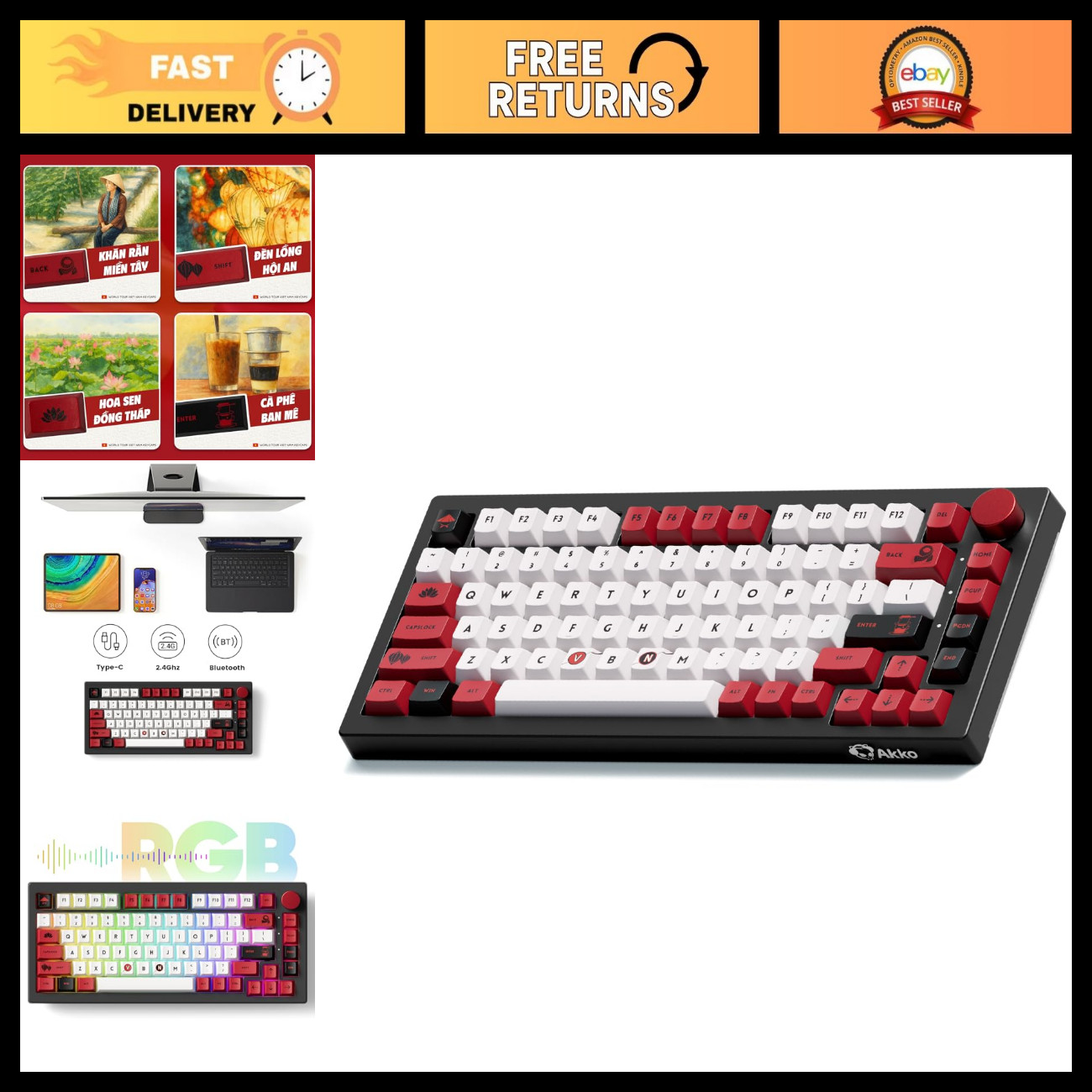 75% Mechanical Keyboard RGB Hot-Swappable with Knob, Vietnam Theme, PBT Keycaps