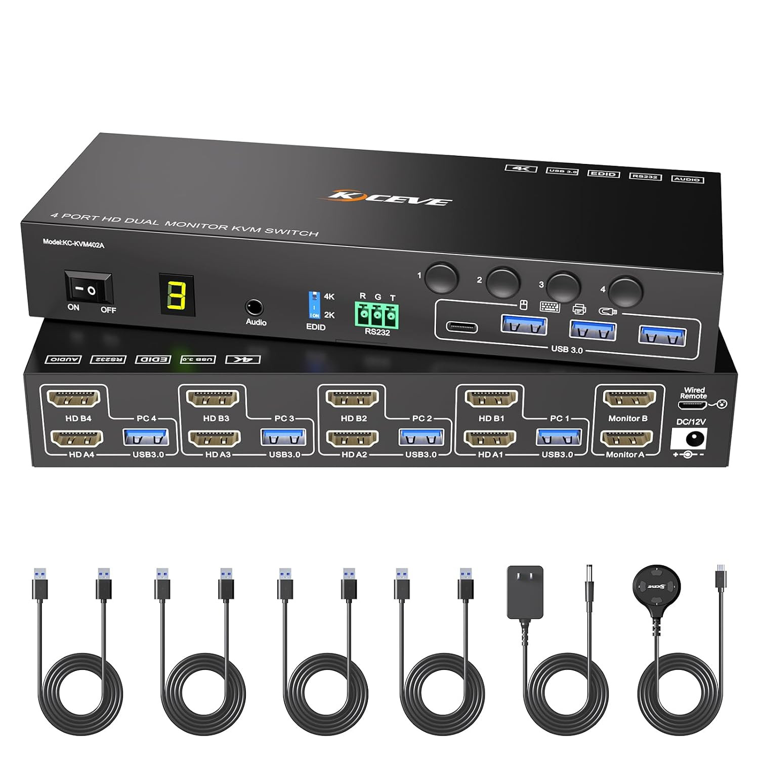 HDMI KVM Switch 2 Monitors 4 Computers 4K@60Hz Audio RS232 EDID Emulation
