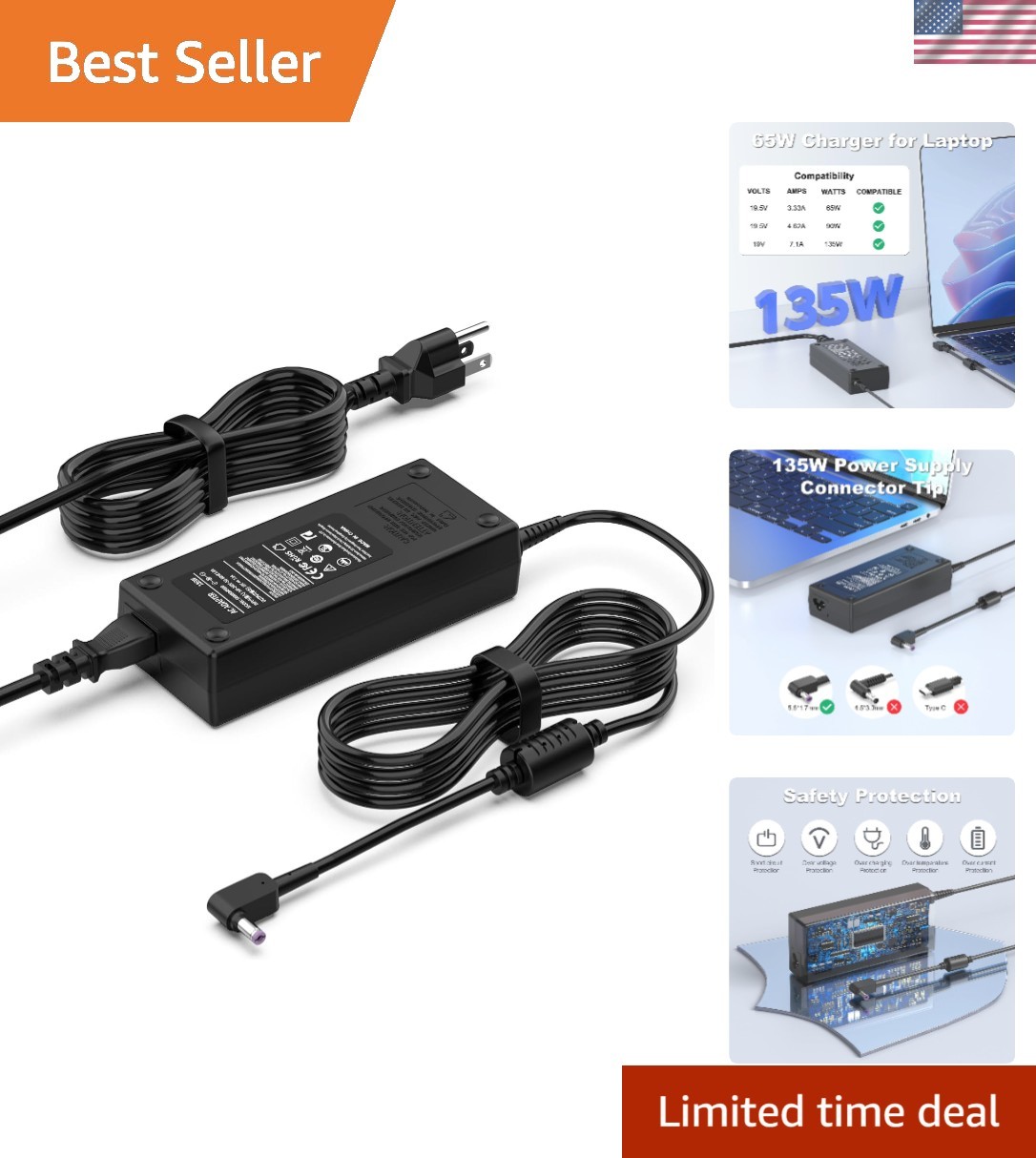 Versatile 135W 19V Charger for Acer Laptops - Fast Charging & Shock Resistant
