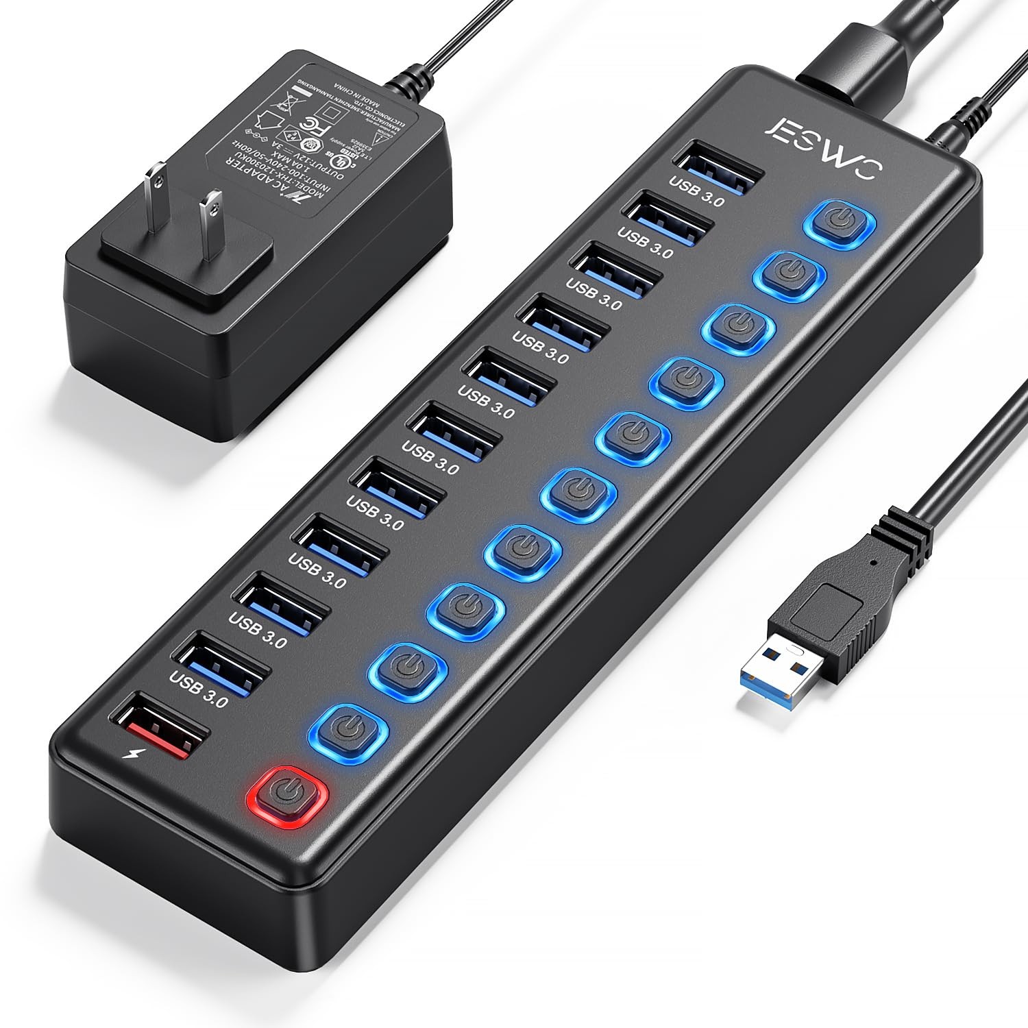 Powered USB Hub, 11 Port USB 3.0 Hub, 10 USB 3.0 Data Transfer Ports + 1 Smar...