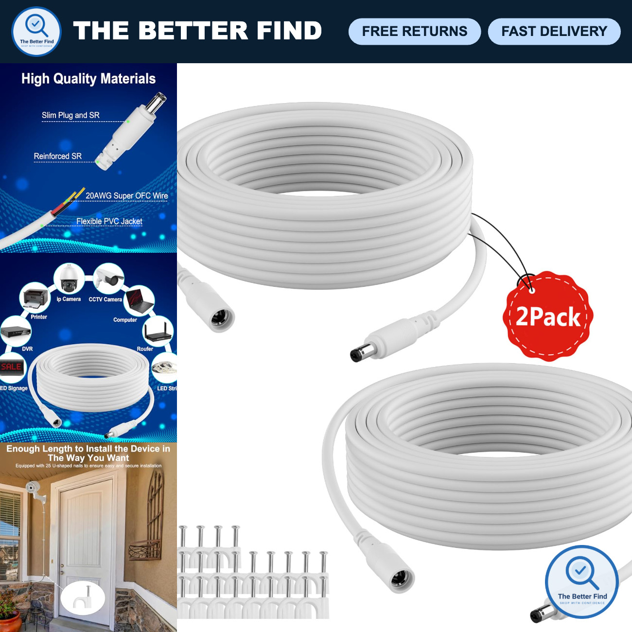 50FT 12V DC Power Extension Cable (2-Pack) - 5.5mm x 2.1mm Adapter for CCTV, LED