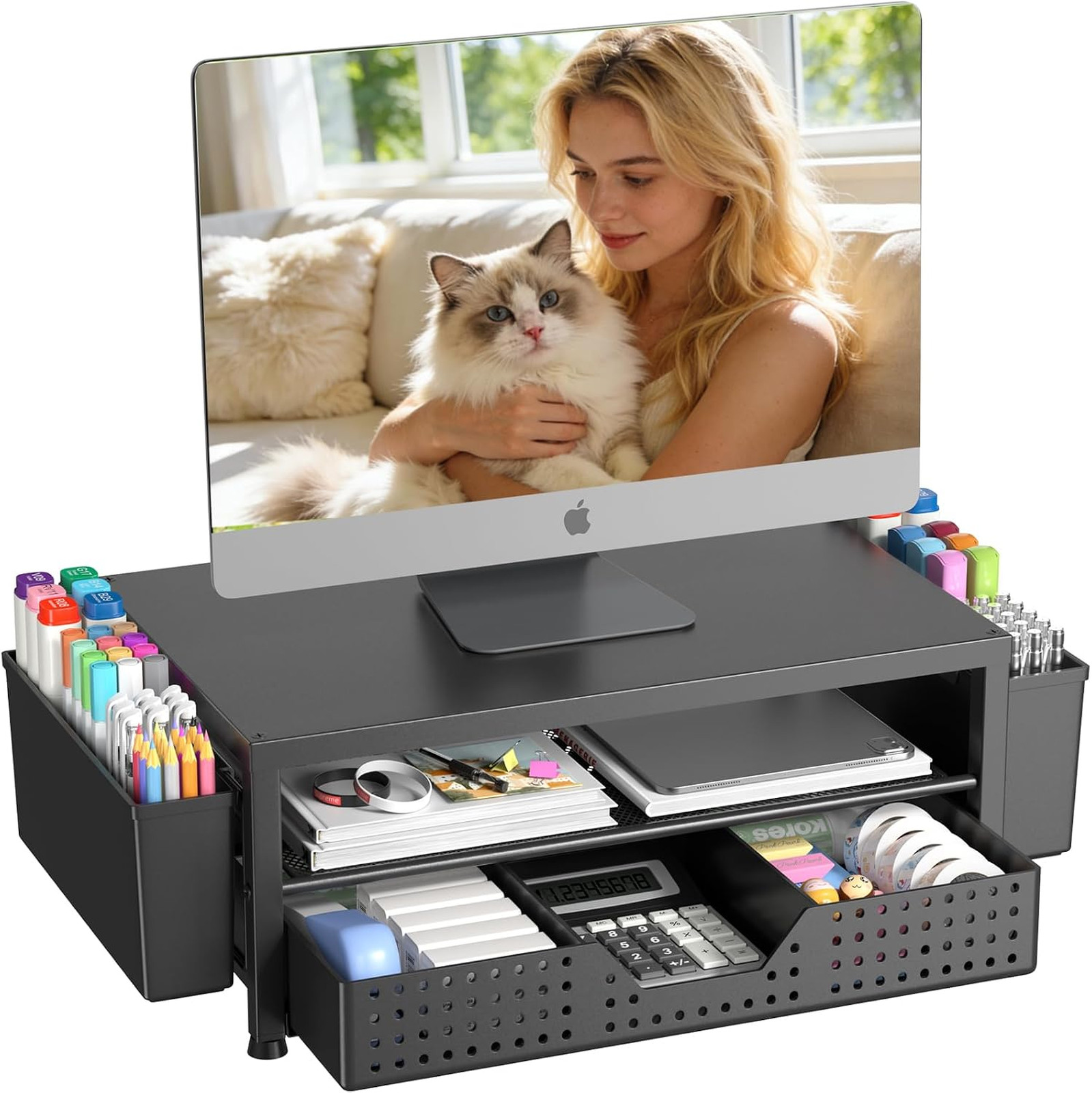Computer Monitor Stand Riser with Drawer and Pen Holders Office Desk Organizer