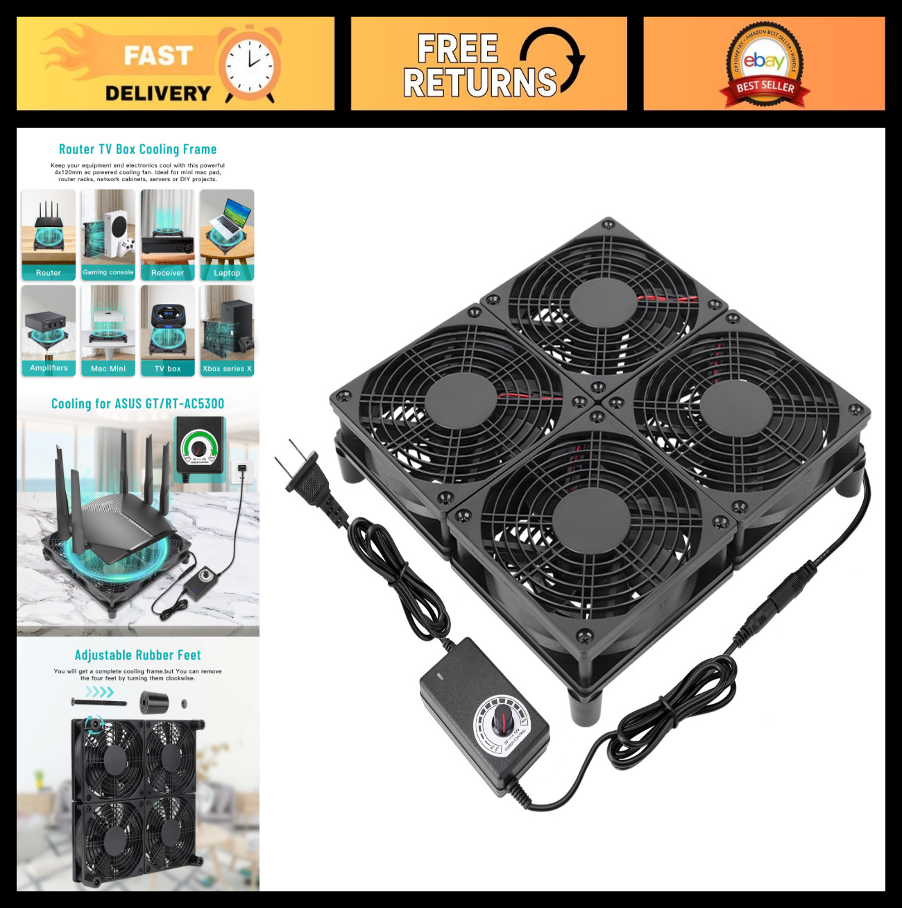4X 120mm Laptop Cooling Pad with Variable Speed Fans for DIY Electronics & Gamin