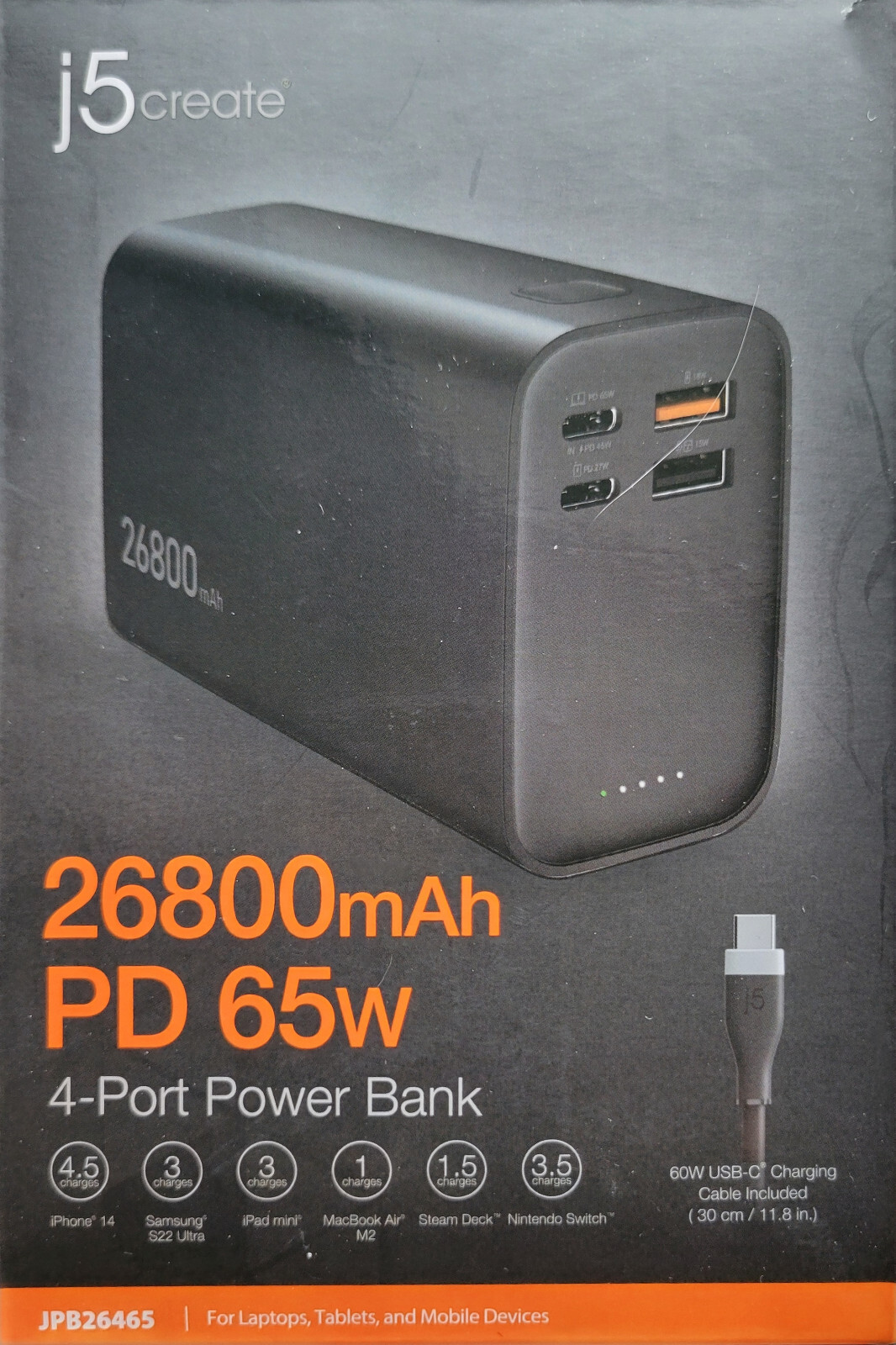 j5create 65W 4-Port Power Bank - 26800mAh PD (JPB26465)