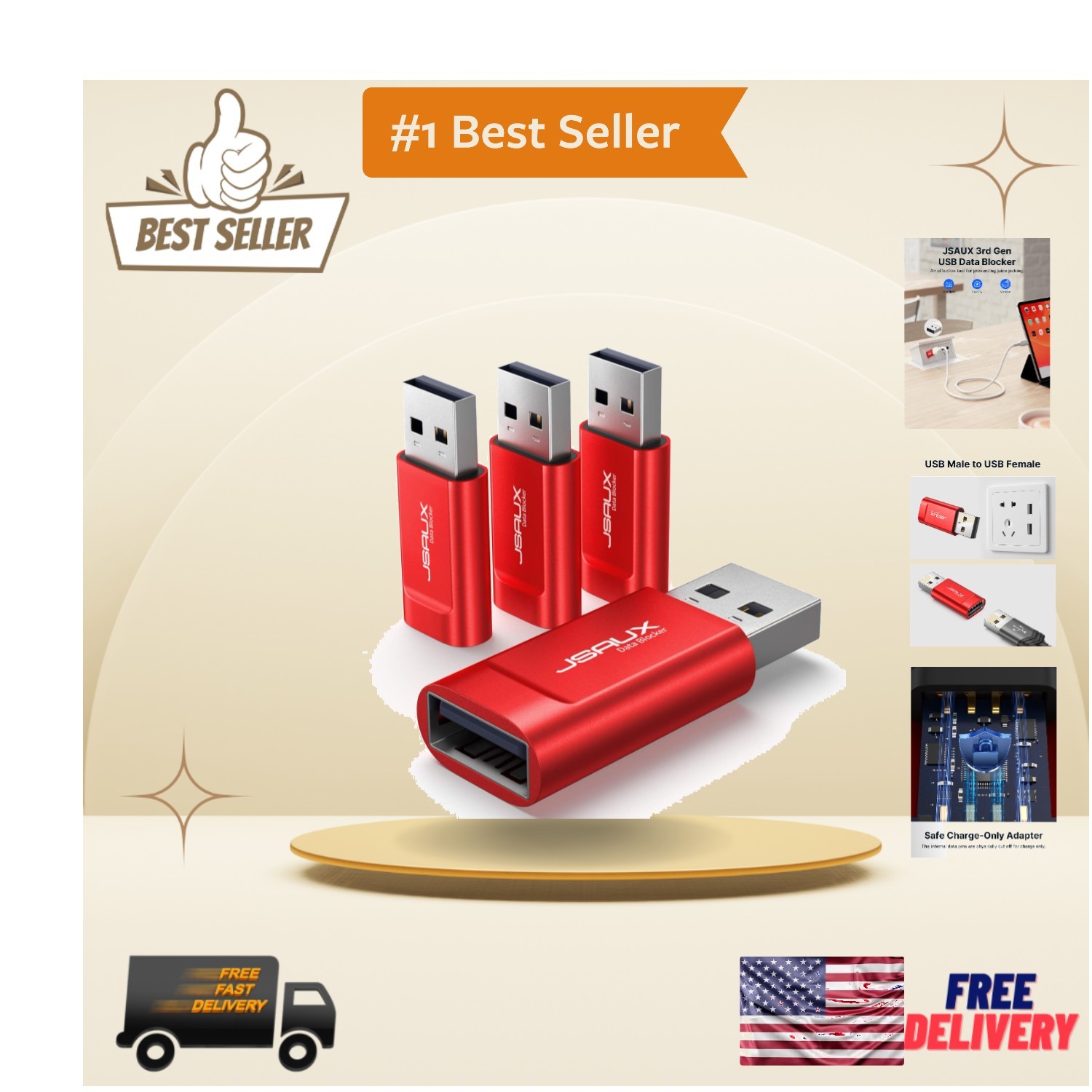 Ultra-Portable 4-Pack USB Data Blocker, Charge-Only Protects Devices in Red