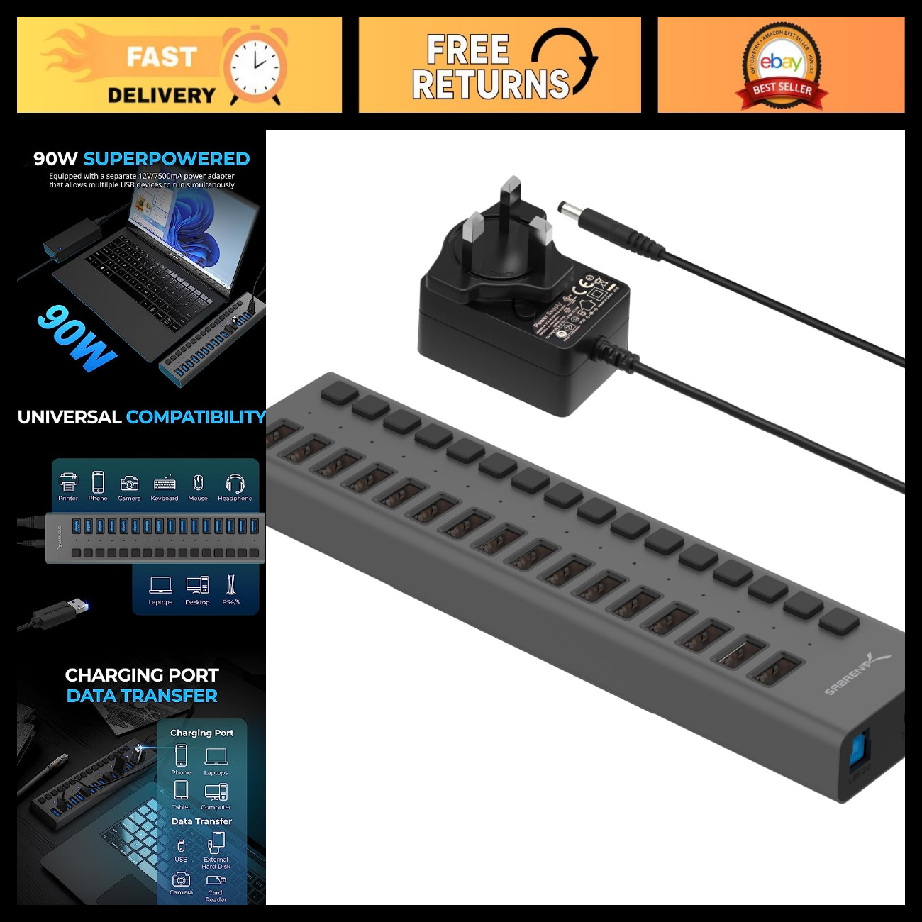 16-Port Powered USB 3.0 Hub & Charger, 90W, Data Transfer & Charging Station