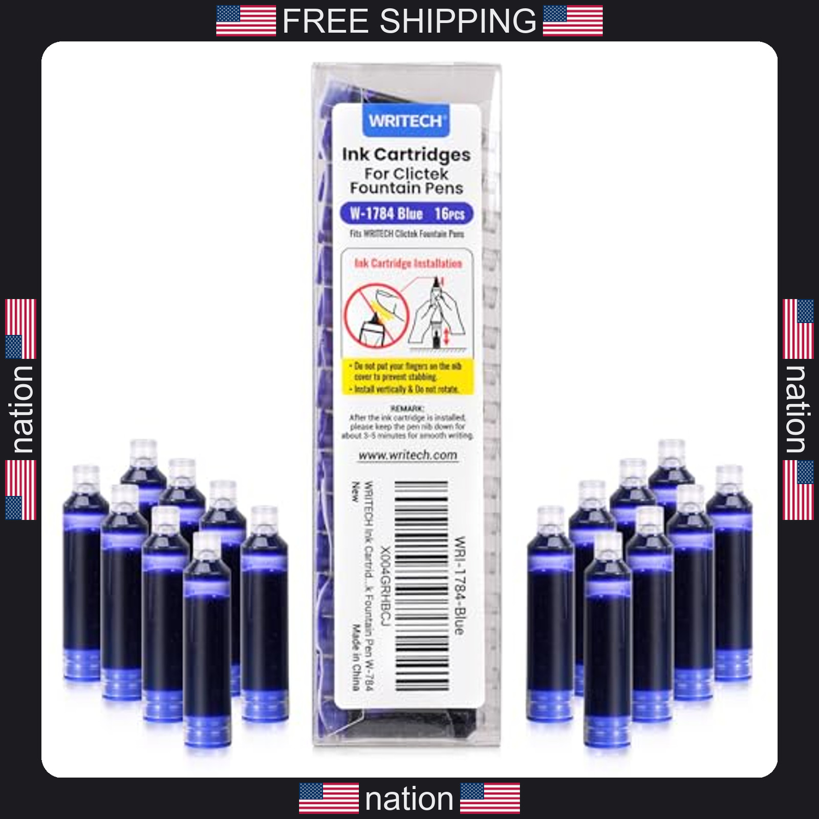 WRITECH W-1784 Cartridge Blue Ink: 16ct Blue Ink Cartridges Set Clictek