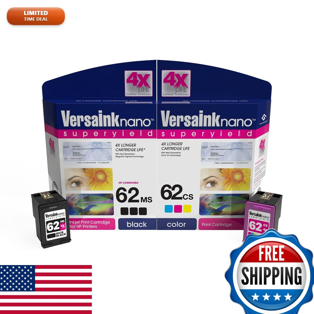 VersaInk-Nano HP 62 MS MICR Black & 62 CS Tri-Color Ink Cartridge Combo Pack