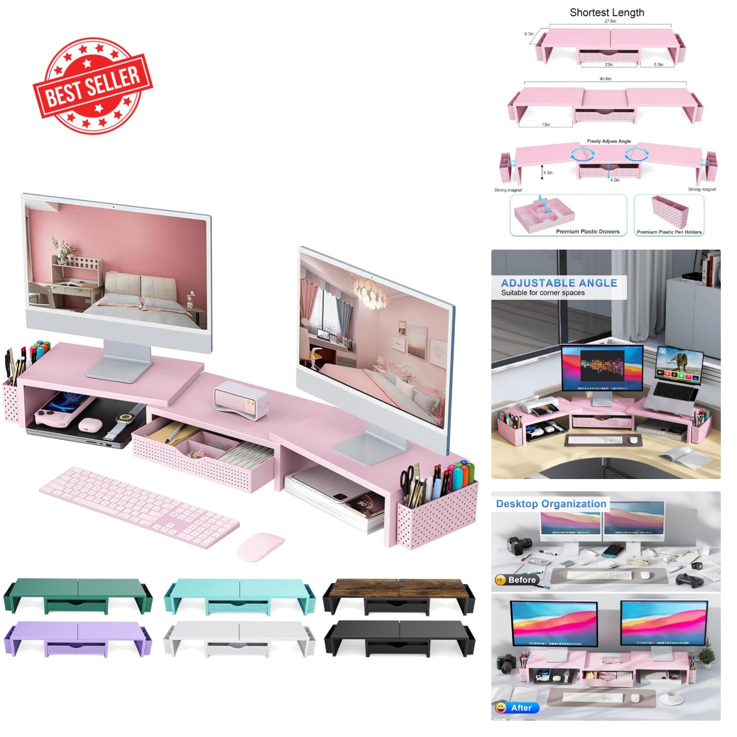 Elegant Pink Dual Monitor Stand Riser with Drawer & Pen Holders - Ergonomic