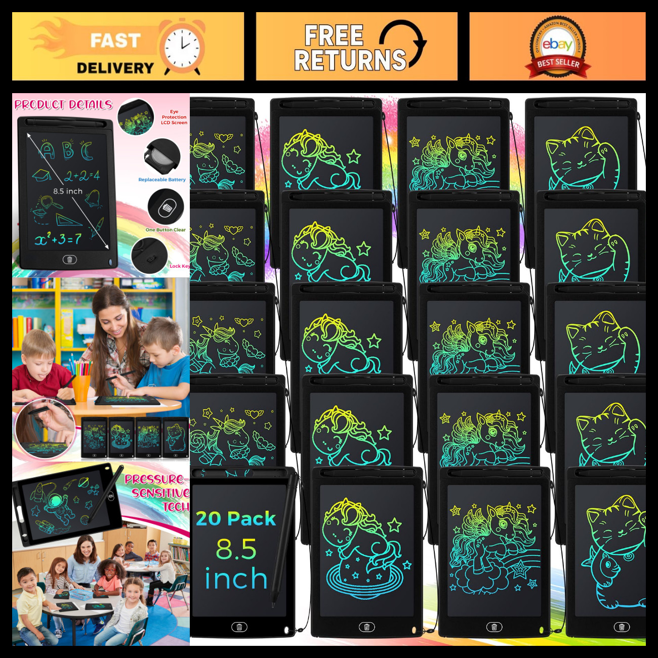 20 Pack 8.5" LCD Writing Tablets, Drawing Boards for Kids & Adults, Black