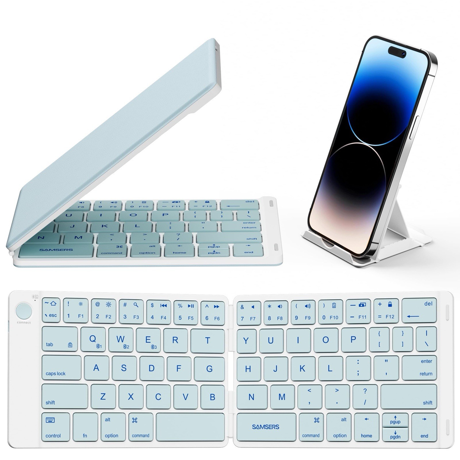 Ultra Slim Foldable Bluetooth Keyboard Phone Tablet PC Blue Wireless Typing