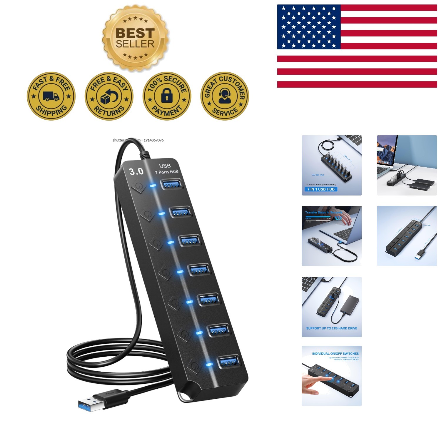 Effortless Connectivity - 7-Port USB 3.0 Hub with LED Indication & Plug Play
