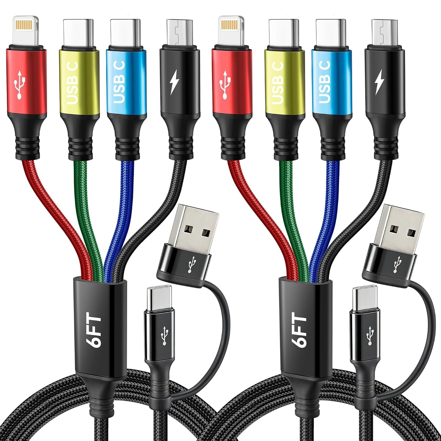 Dual USB-C 4 in 2 Multiple Charging Cable for All Devices with USBC/Lightning/Mi