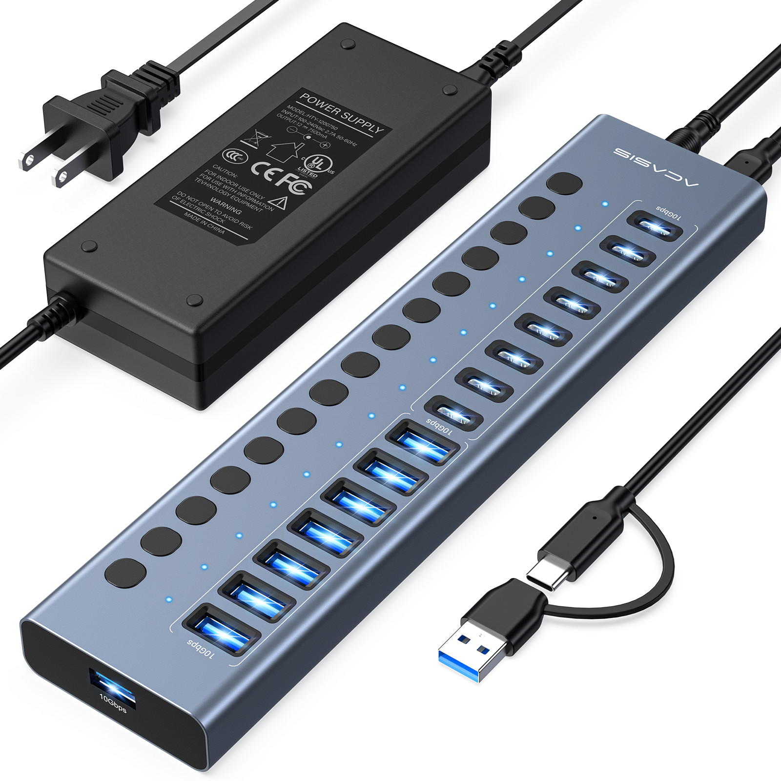 ACASIS 16-Port USB Hub 10Gbps 8 USB-C 8 USB-A with On-Off Switches