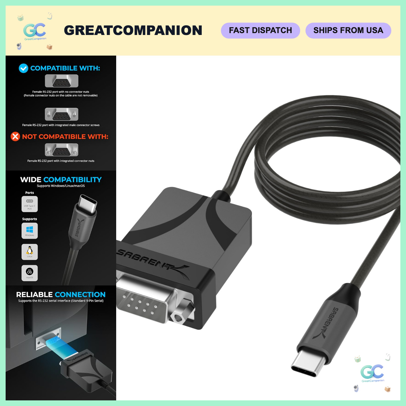 USB-C to DB9 Serial RS-232 Adapter Cable, 3ft - Fast Data Transfer, Plug & Play