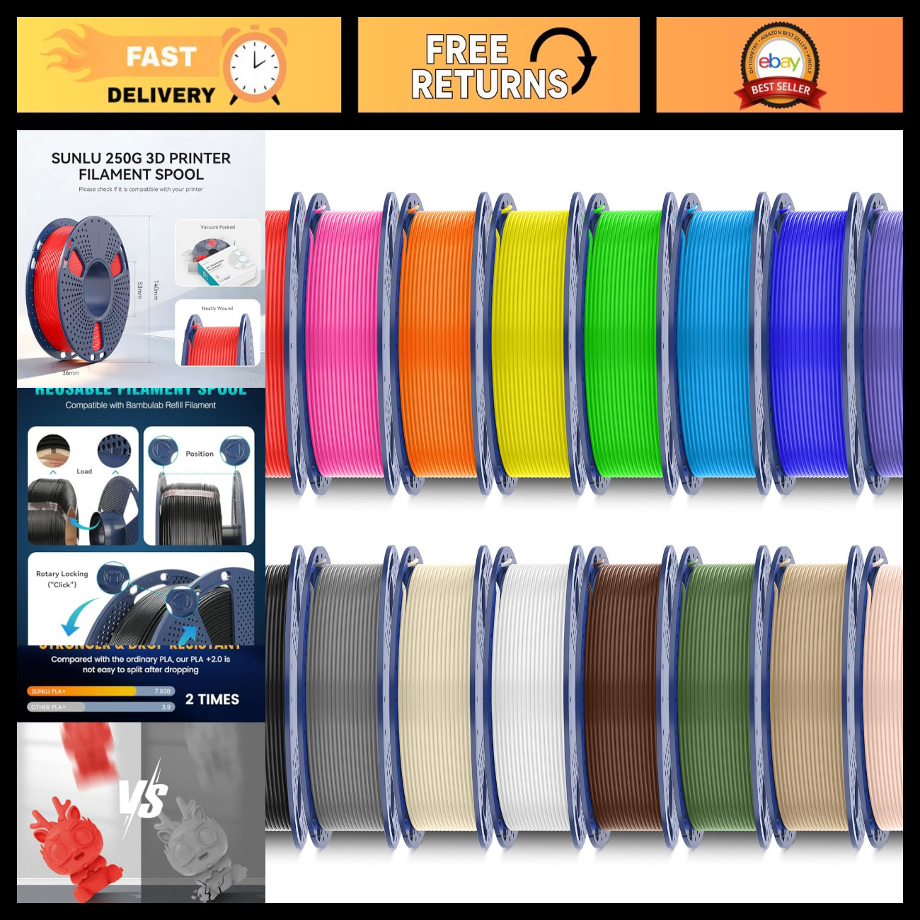 Multicolor 3D Printer Filament Bundle, PLA+ 2.0, 16 Vibrant Colors for Printing