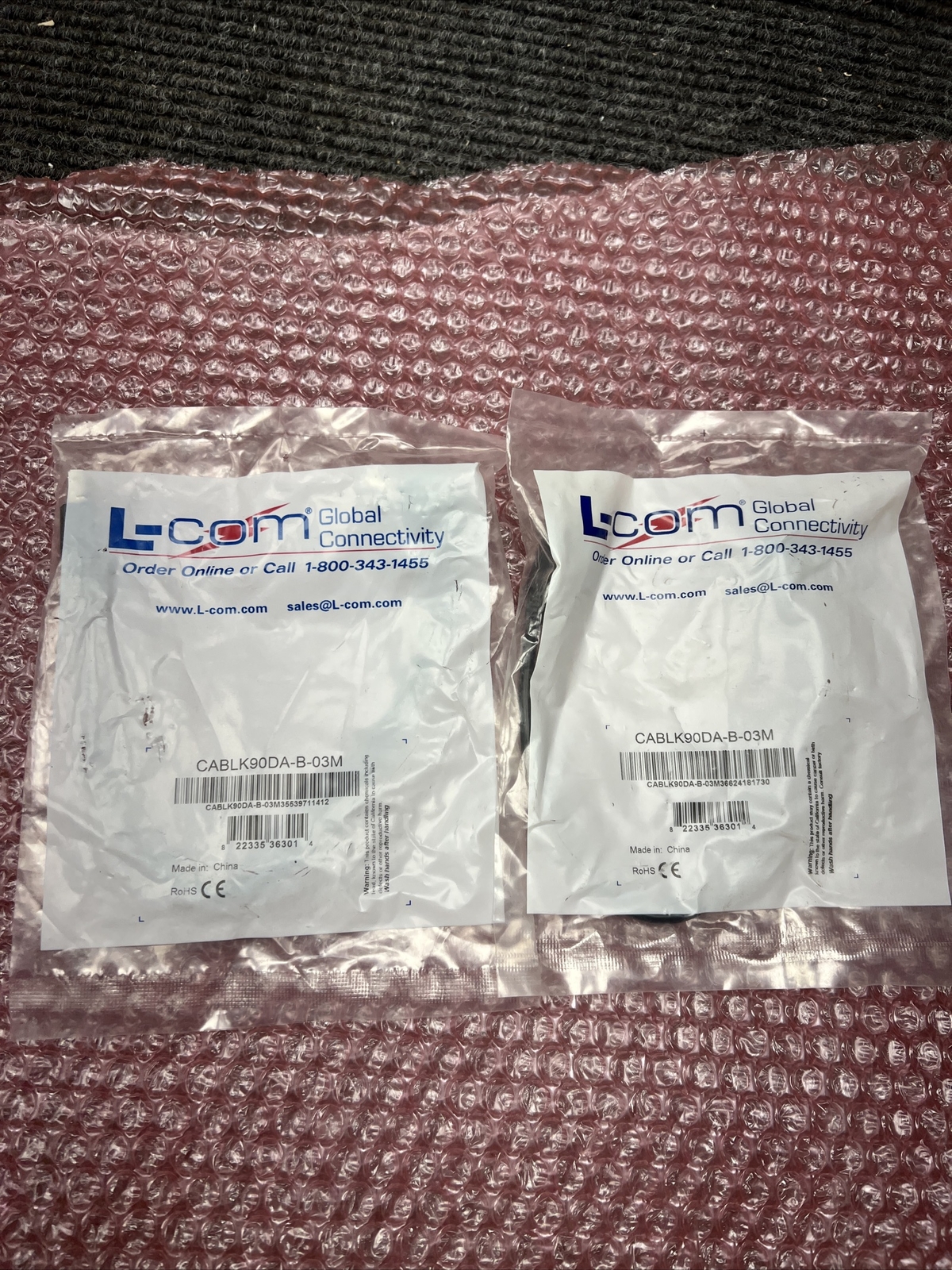 Set of (2) L-COM CABLK90DA-B-03M USB Cable, Type A Plug to Type B
