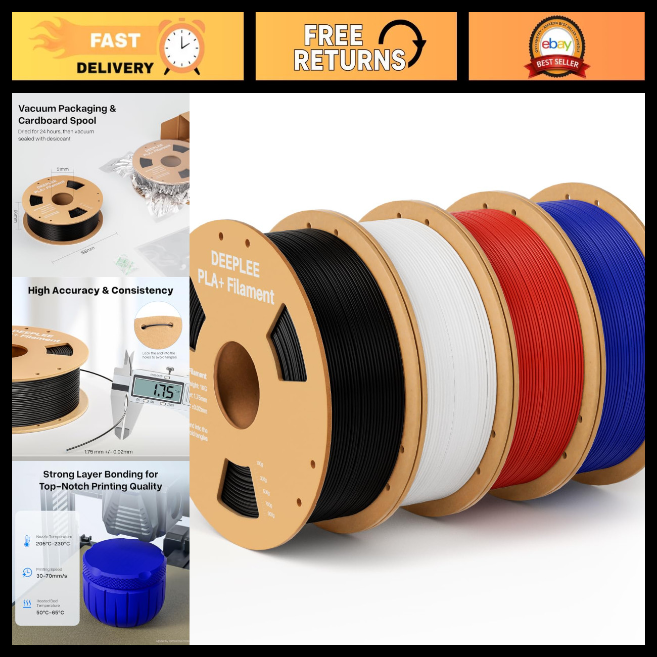 High-Strength PLA+ 1.75mm 3D Printer Filament, Dimensional Accuracy +/-0.02mm, 4