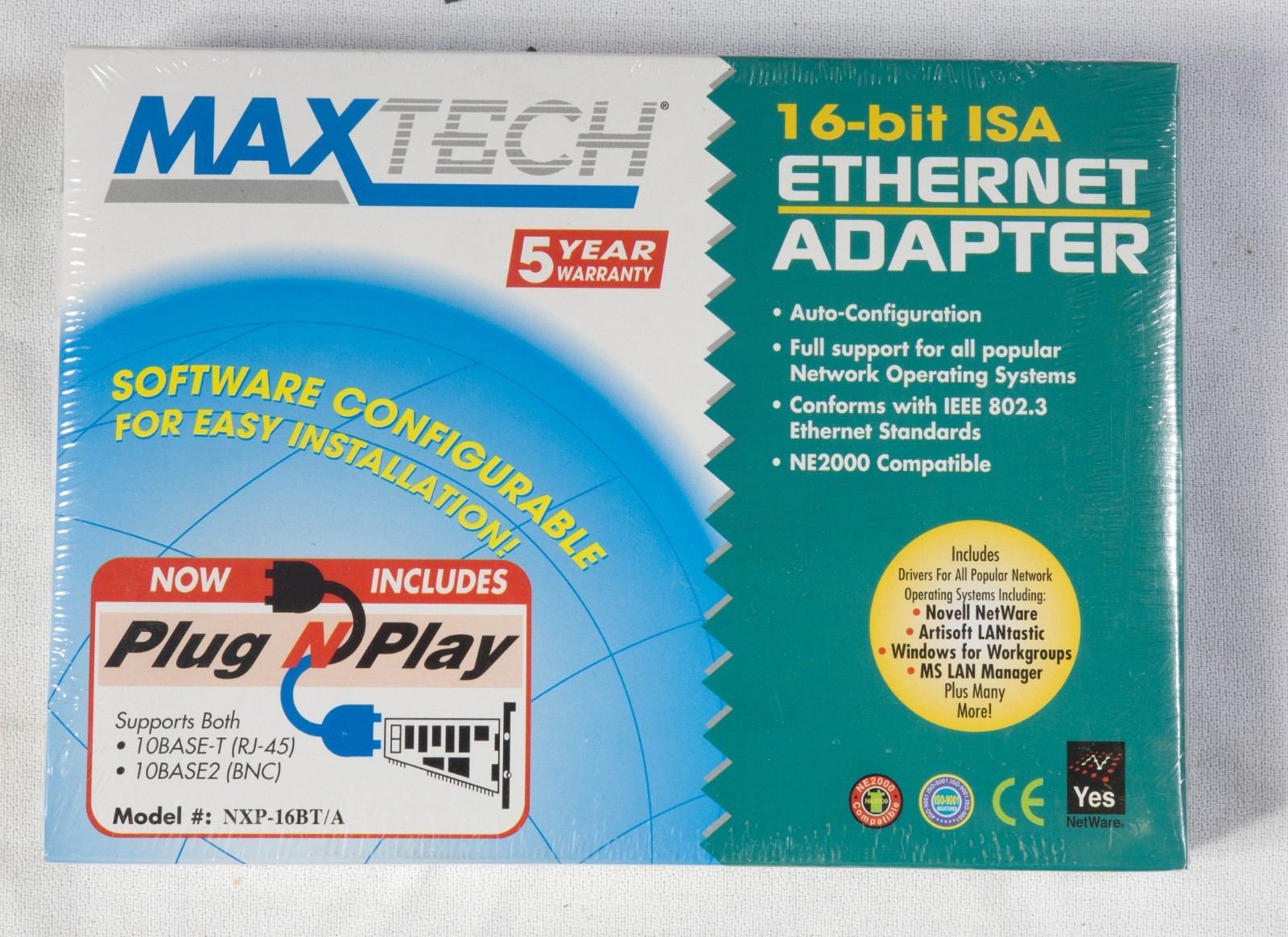 MaxTech NXP-16BT/A Ethernet Adapter BNC RJ45 16 bit ISA NEW NOS