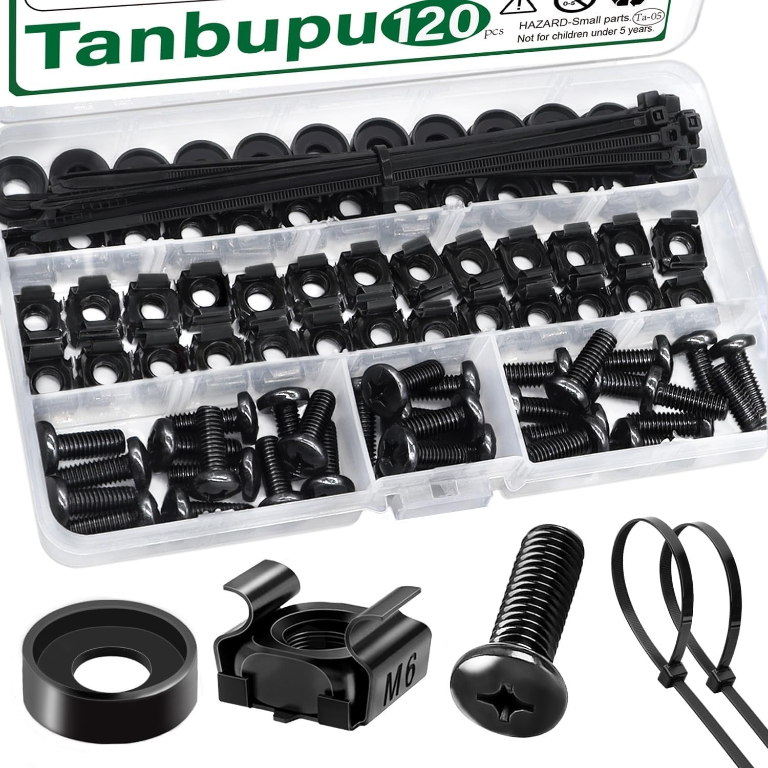 120Pcs M6 x 16mm Rack Mount Cage Nuts Screws Washers and Self-Locking Cable T...
