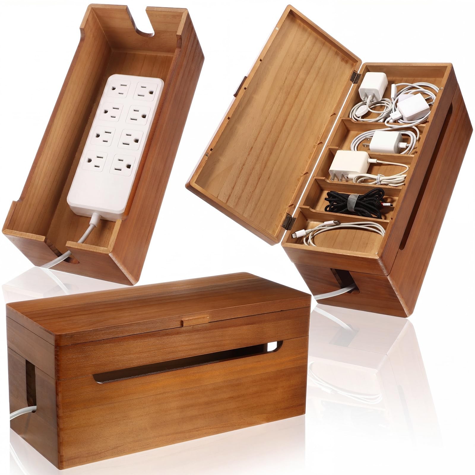 Double Layer Wooden Cable Management Box Large with Lid Power Strip Cord Orga