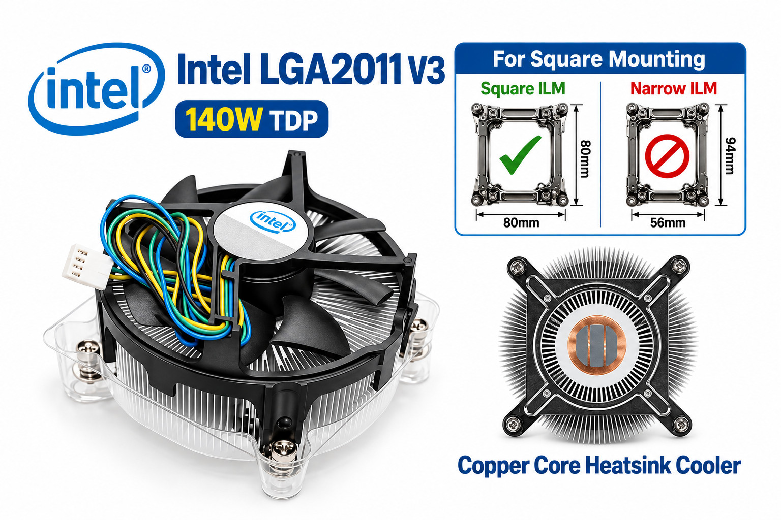 Intel LGA2011 V3 CPU Cooler 140W Copper Core Heatsink Fan Square ILM