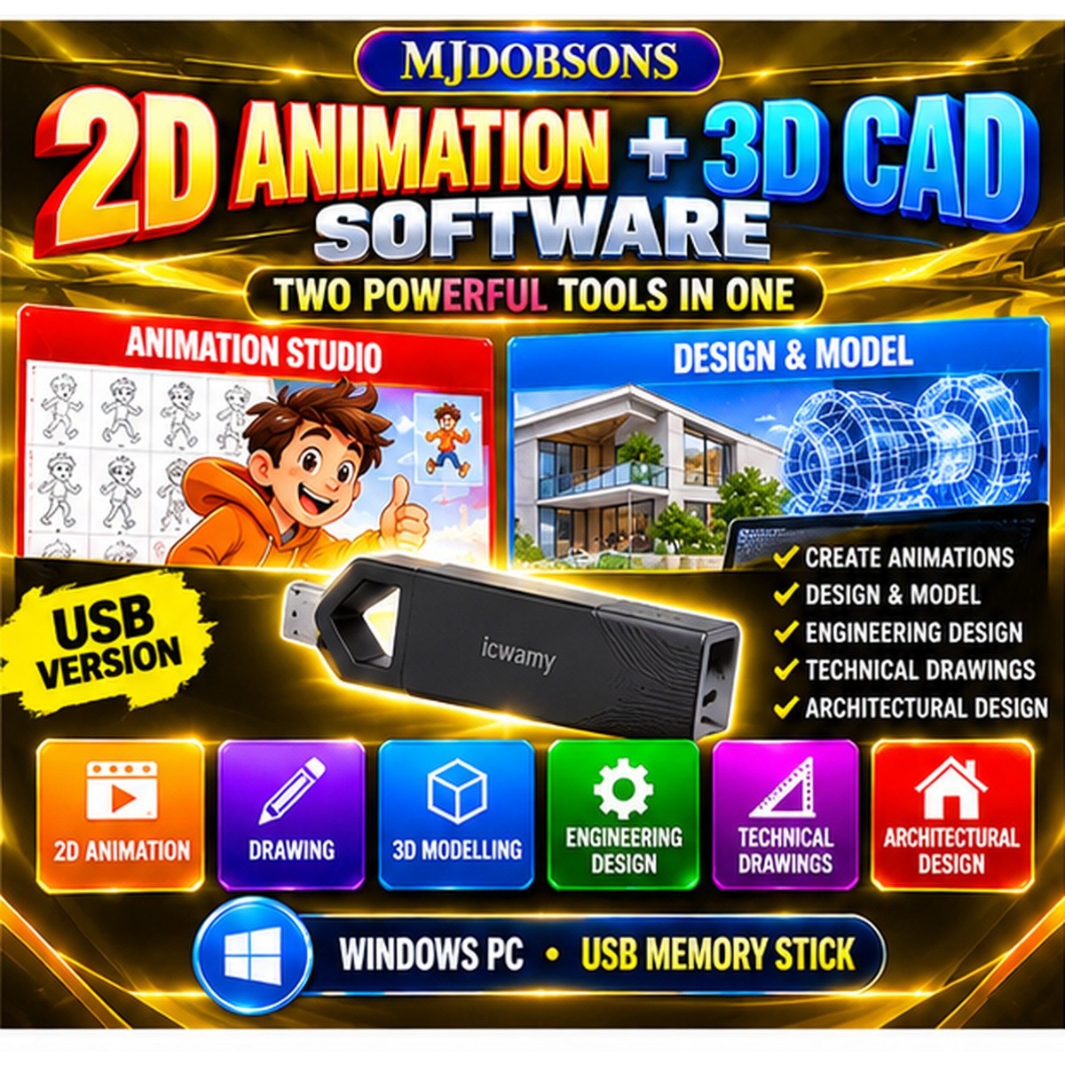 Animation Studio 2D 3D CAD Software LibreCAD BRL-CAD USB Windows PC
