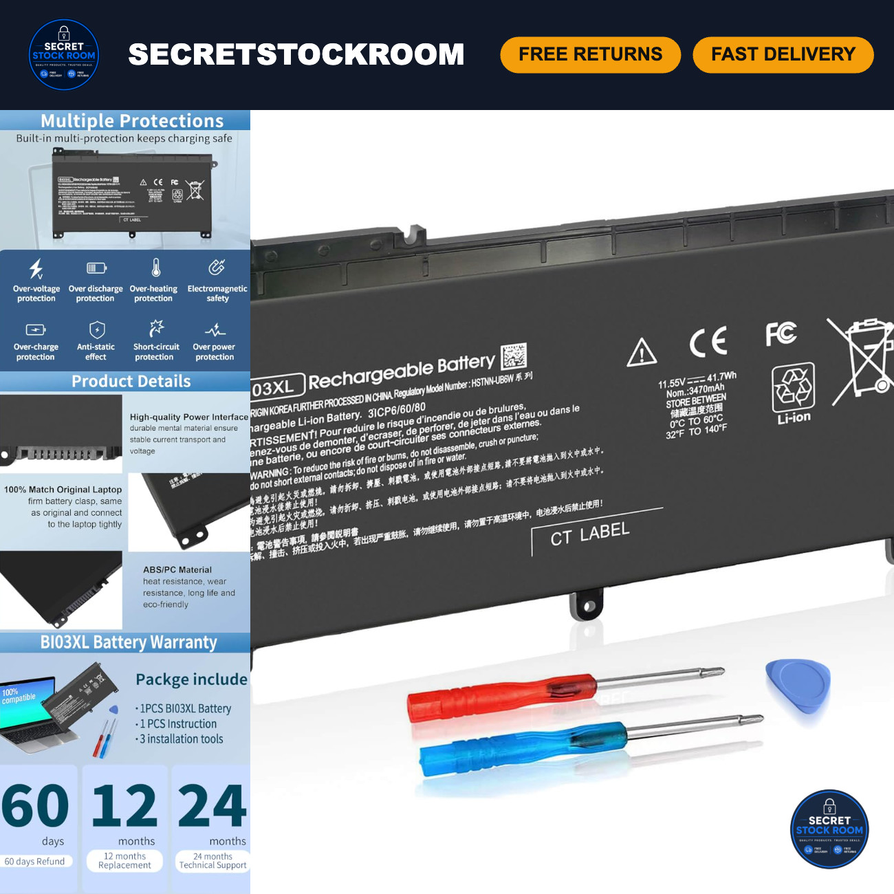 High-Capacity Replacement Battery for HP Pavilion X360 13-U, BI03XL ON03XL