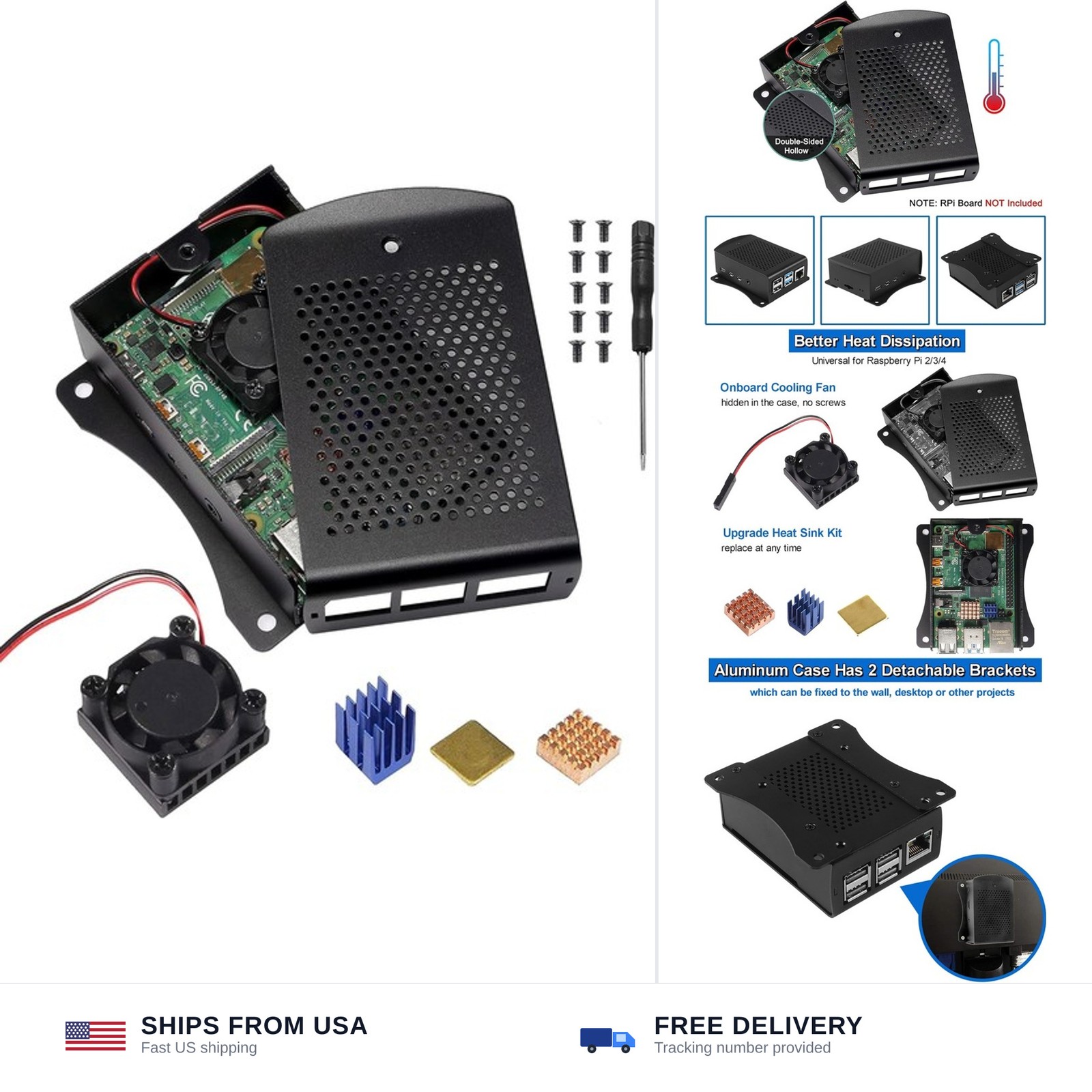 Aluminum Metal Case Protective Shell for Raspberry Pi 4 Wall Mount Heat