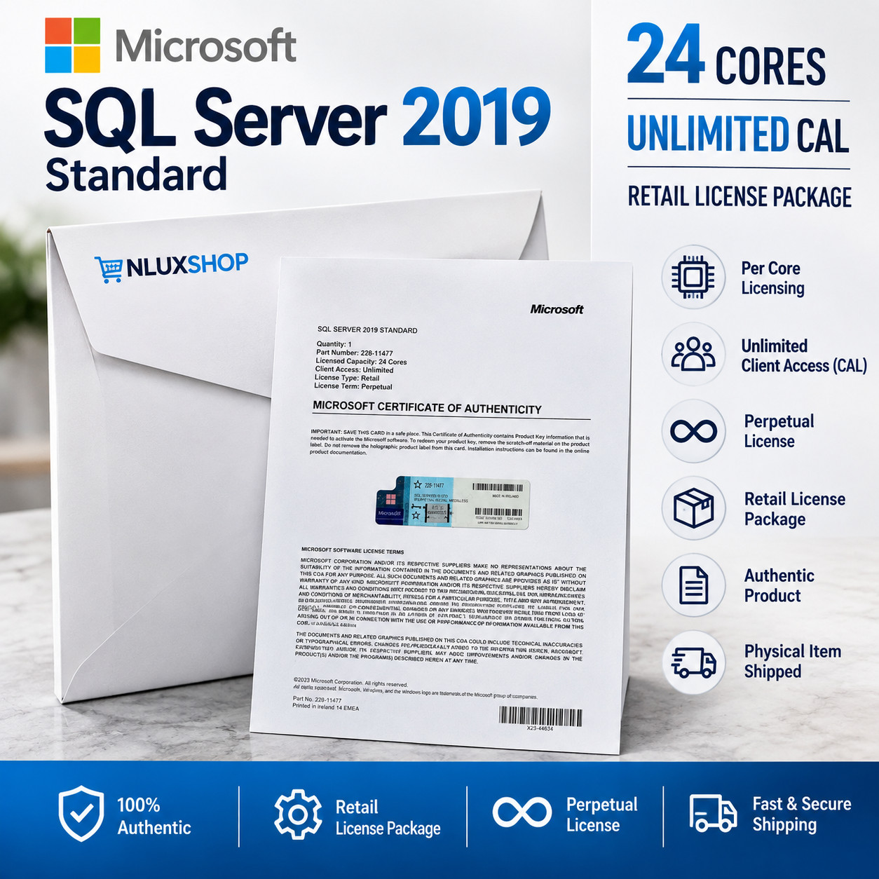 SQL SERVER 2019 Microsoft 24 Core Unlimited CAL Per-Core Retail License Package 