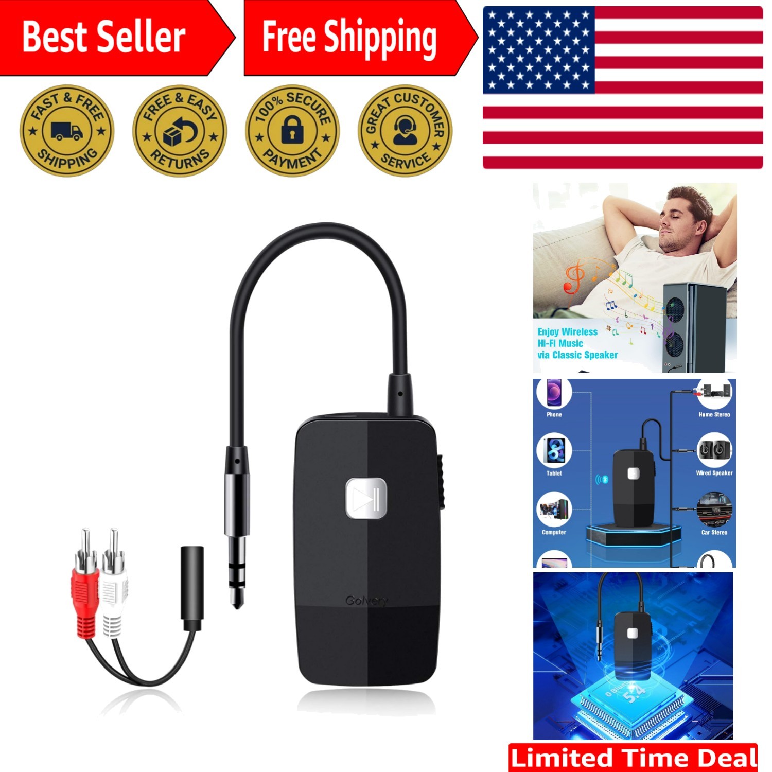 Portable Bluetooth V5.4 Receiver with 20 Hours Battery Life & Quick Charge