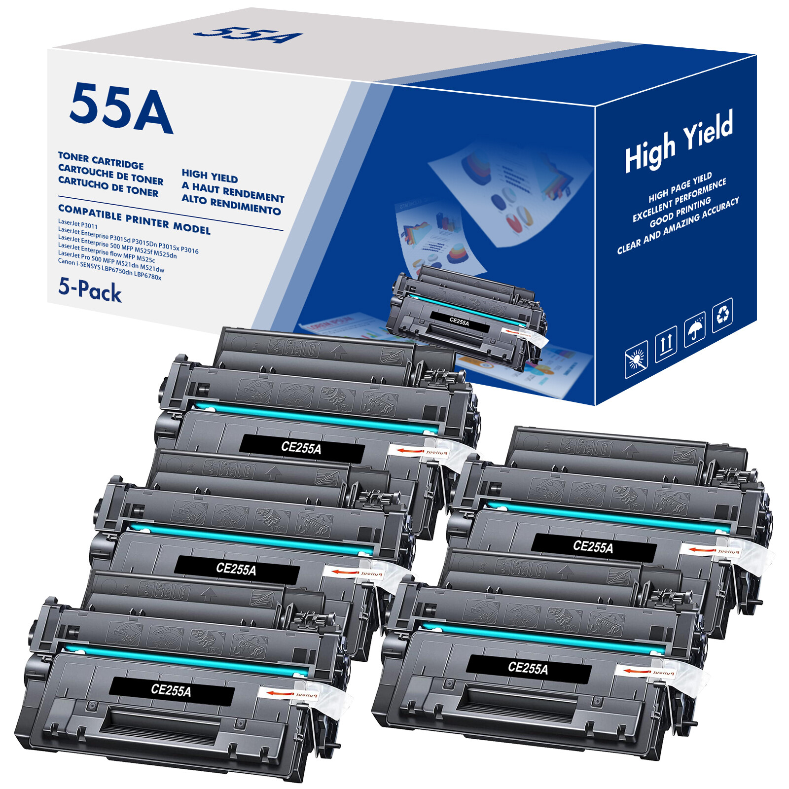 5X CE255A Toner Cartridge Fits for HP 55A LaserJet Enterprise P3015x P3016 P3011