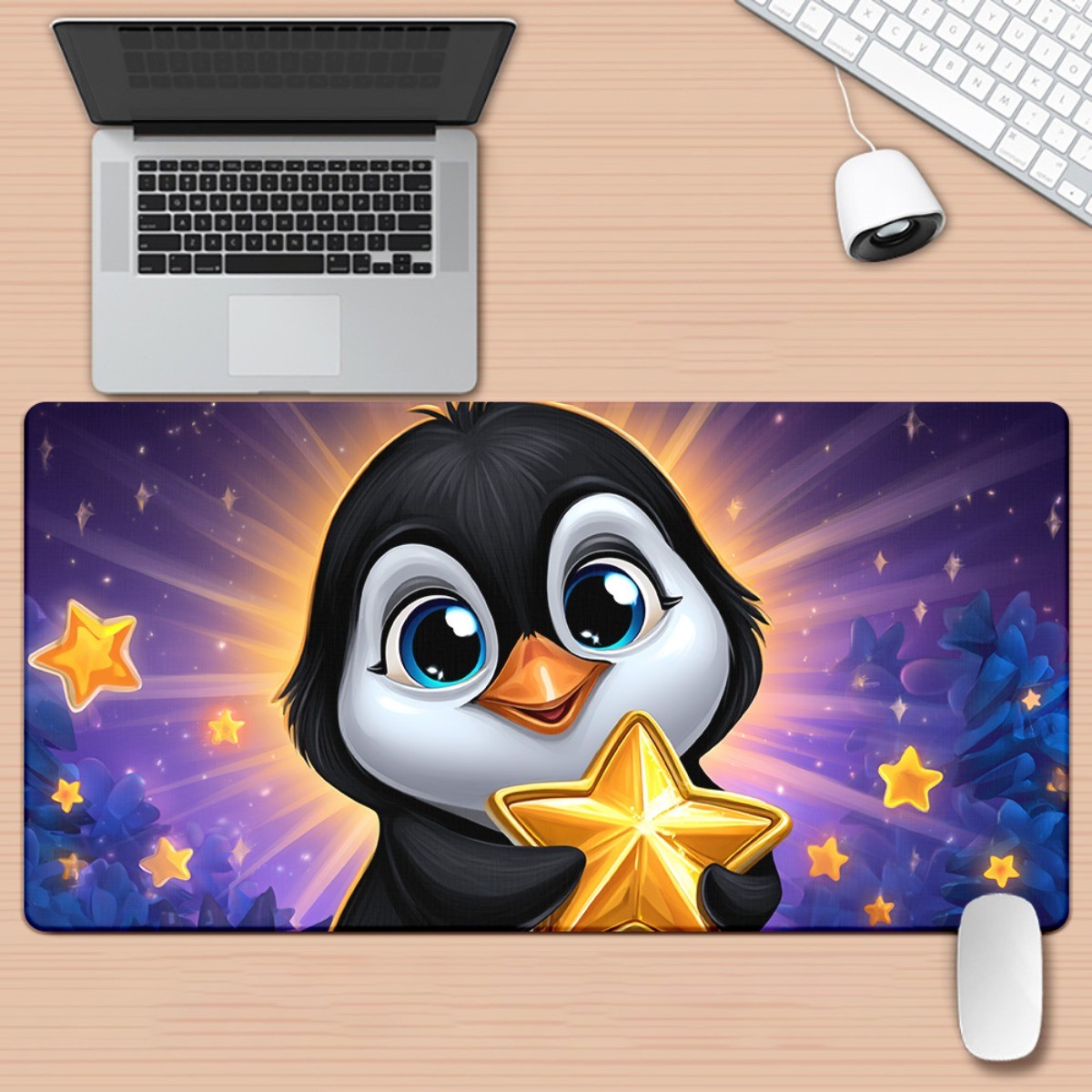 An HD Printed Desk Pad Featuring a Penguin Theme And Star Design, This Multifu