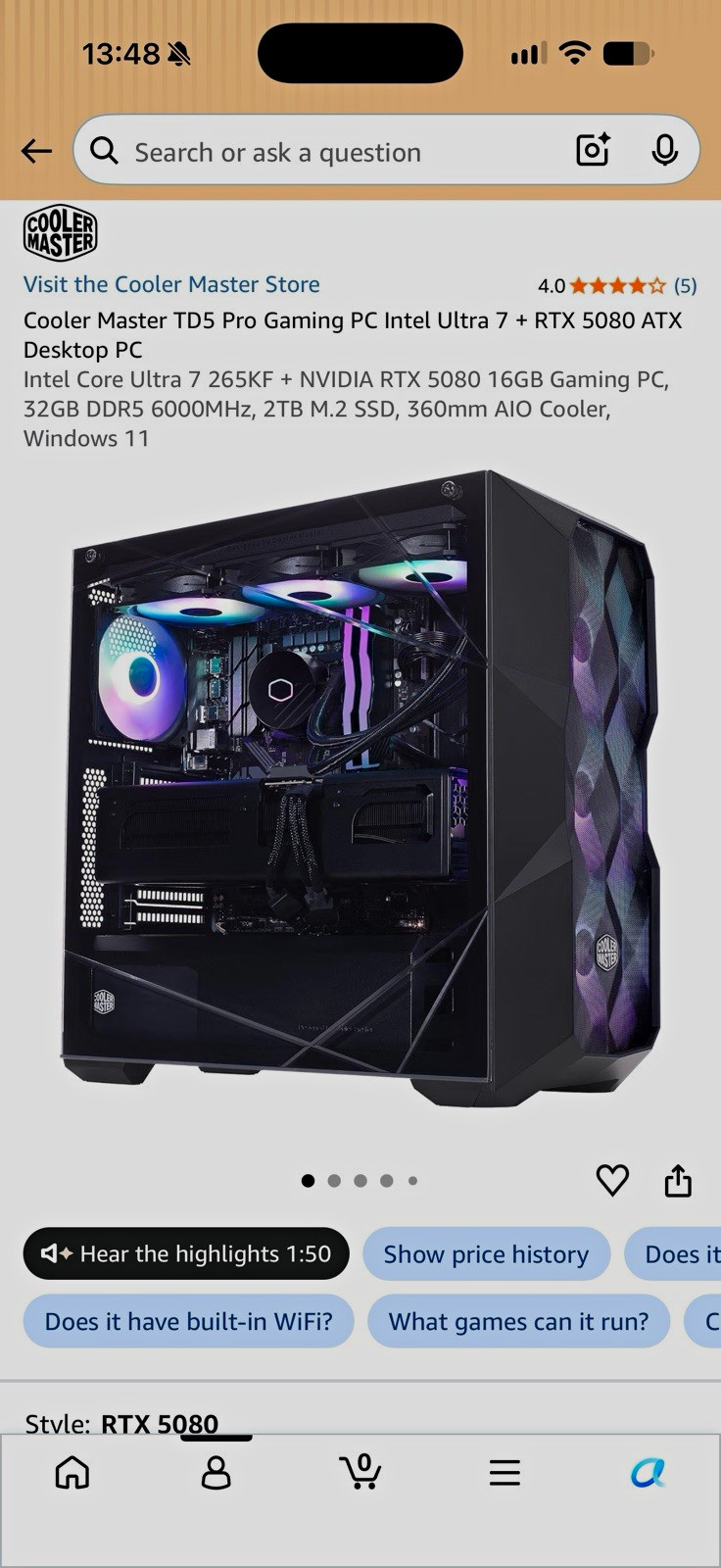 Cooler Master TD5 Pro Tower Gaming PC Ultra 7 265KF RTX 5080 32GB SSD W11 Pro