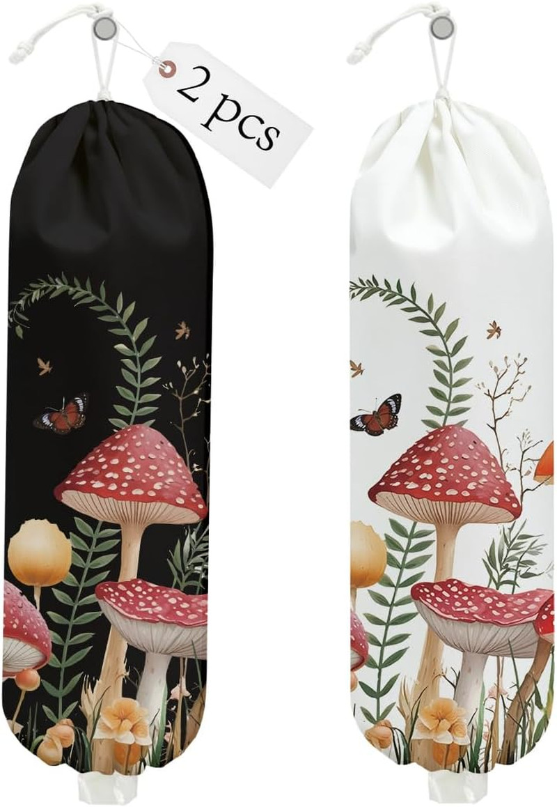 2PCS Mushroom Plastic Bag Holder, Wall Mount Grocery Bag Holder for Plastic Stor