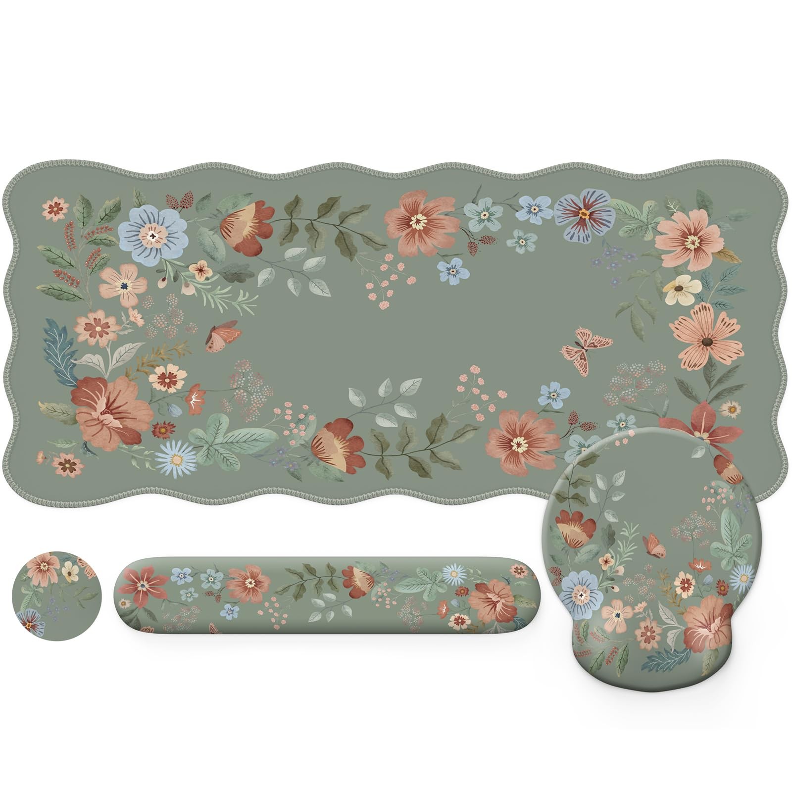 iLeadon Mouse Pad Set & Keyboard Wrist Rest, Floral Scalloped Desk Mat